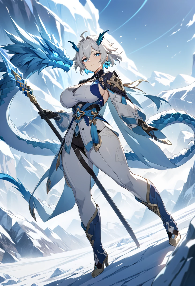 ((solo)), (man), light blue eyes, white hair hair, short hair, blue colored inner hair, messy hair, blue dragon horns, slitted pupils, thick white dragon tail, dragon boy, a close up of a person with a scepter in a desolate land surrounded by ice mountains, a frozen field, detailed key anime art, honkai star trail character, casimir art, masamune shiro, masamune, handsome guy in demon slayer art, genshin, heise jinyao, shadowverse style, (no logos), ice powers, mountain scenery, detailed a cademic uniform, eye reflection, depth of field, cinematic lighting, ray tracing, depth of field, cinematic lighting, ray tracing, UHD, high details, best quality, highres, high quality, award winning, super detail, masterpiece, 8k, UHD, high details, best quality, highres, high quality, award winning, super detail, masterpiece, 8k, Full body view, looking at the viewer, Massive thighs (gigantic butt: 1.0), massive butt, Huge butt, big butt, huge butt,