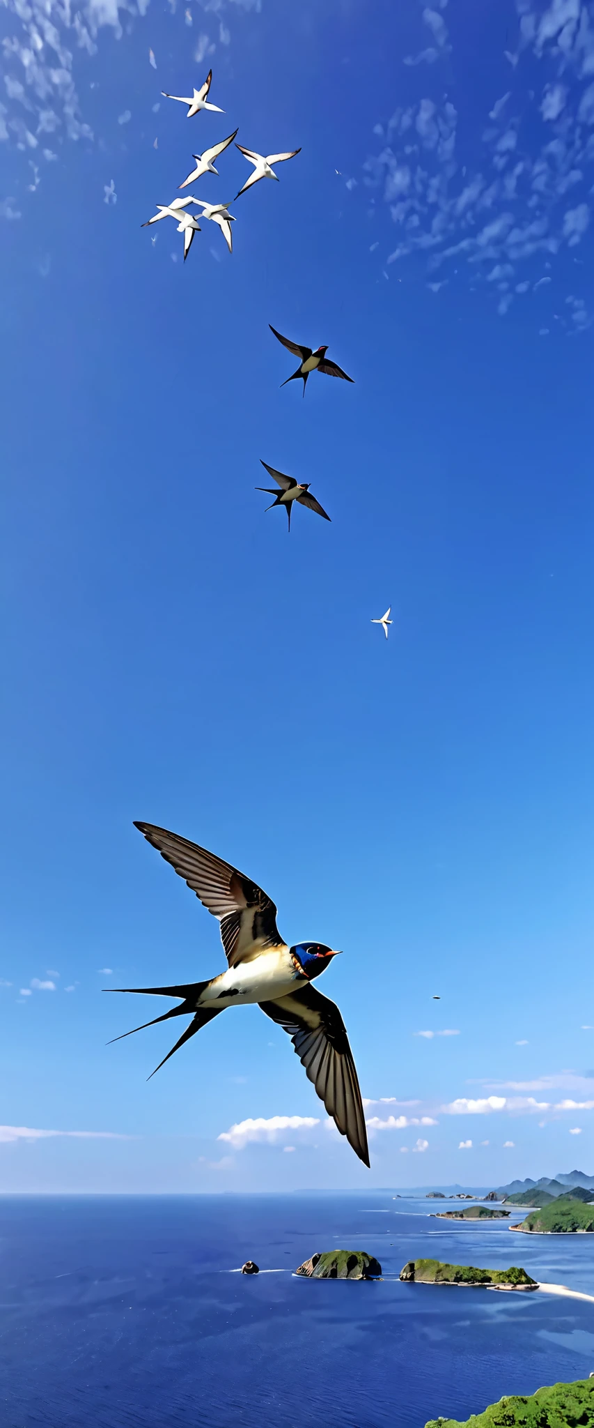  in high definition，4K quality、（Picture of a swallow flying ）Migratory birds、 swallows are flying in the sky 、 under a clear blue sky、An island far away in the ocean 々 visible 。The feeling of looking down from above。