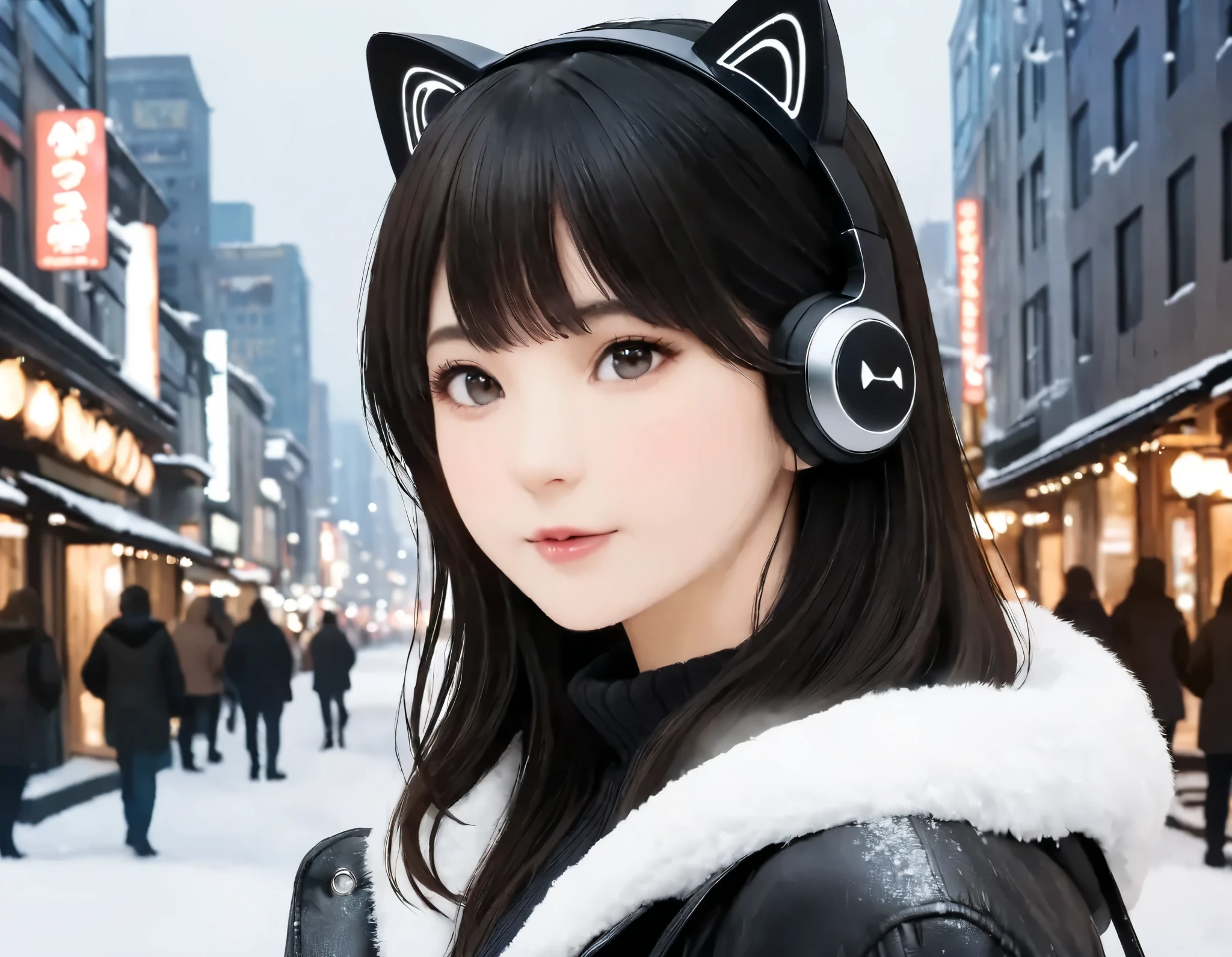 (best quality, 8k, high resolution:1.2), 1girl, city, snow, winter, cat ear headphone, upper body