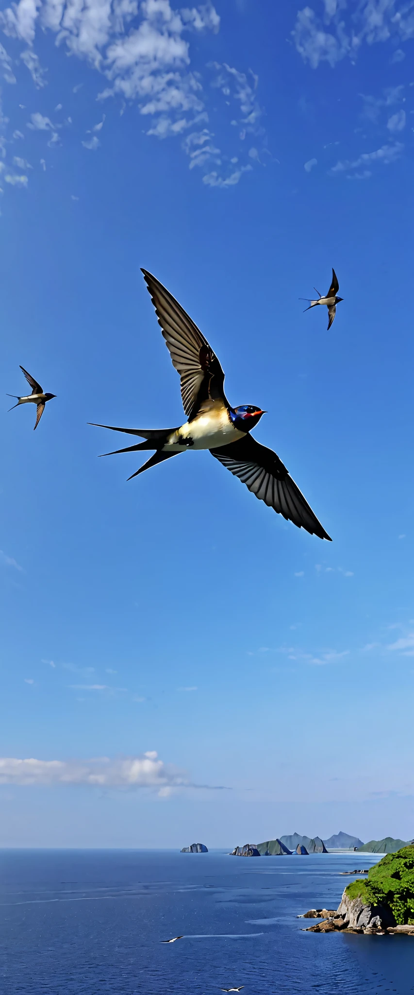 in high definition,4K quality、(Picture of a swallow flying )Migratory birds、 swallows are flying in the sky 、 under a clear blue sky、An island far away in the ocean 々 visible 。The feeling of looking down from above。