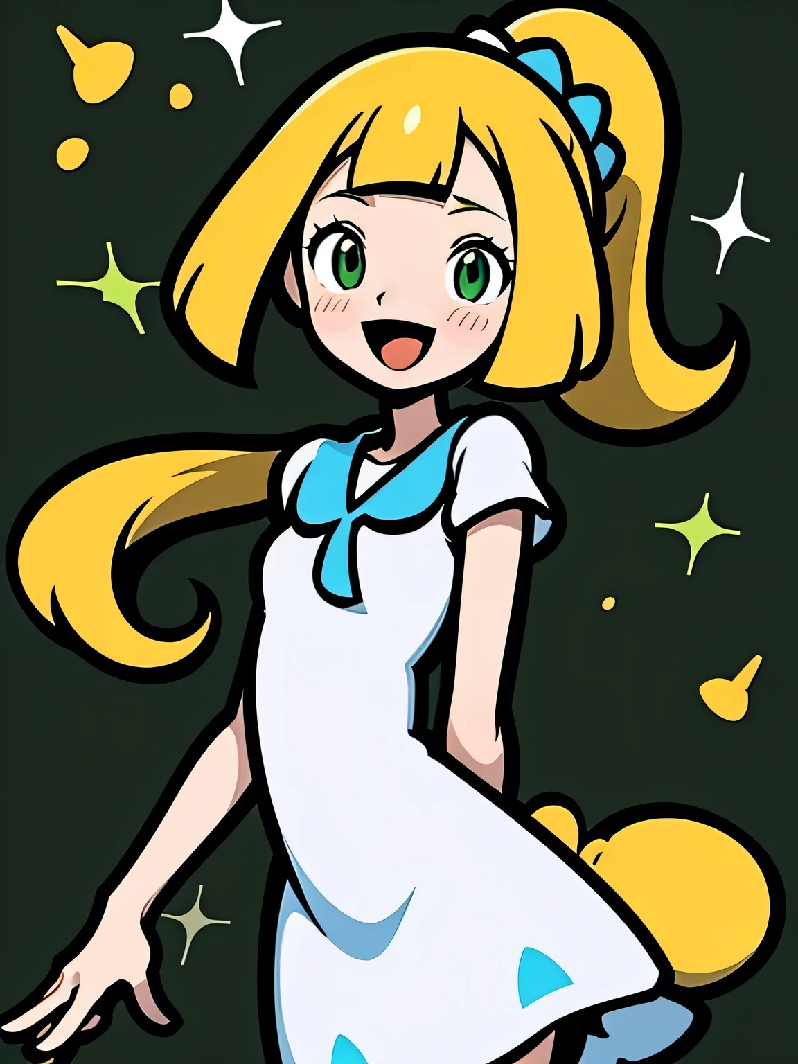 One girl,a blond,poneyTail,lillie,Green eyes,arms back,nimbly,Beautiful steppe,Good luck Lily,A pokémon,White Dress,Raising,verd s eyes,small ,Smile with open mouth,Beautiful steppe,blushed face,closing eye,huge smile,white simple background,murakami takashi:1.3,kaleidoscope,outline,(illustration),