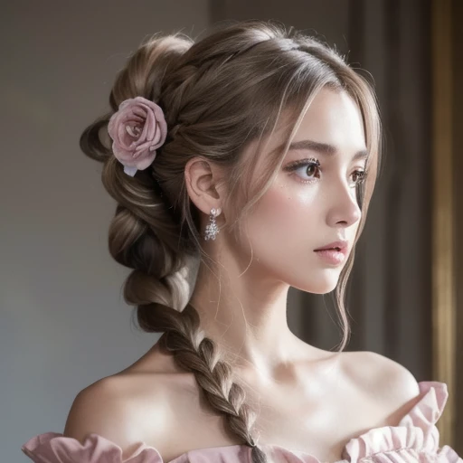 woman, Serious,  elegant ,   Pink Dress , Aristocratic, silver element, Long nails, Bare shoulders,  hairstyles at their best, hair up,  braids and ponytails, Messy, arrogant, absurdes,  detailed dress , Royalty, celebration,  flower-adorned hall ,  cowboy shooting,  portrait, ( best quality ), (Masterpiece), ( very detailed on trends), (4K)