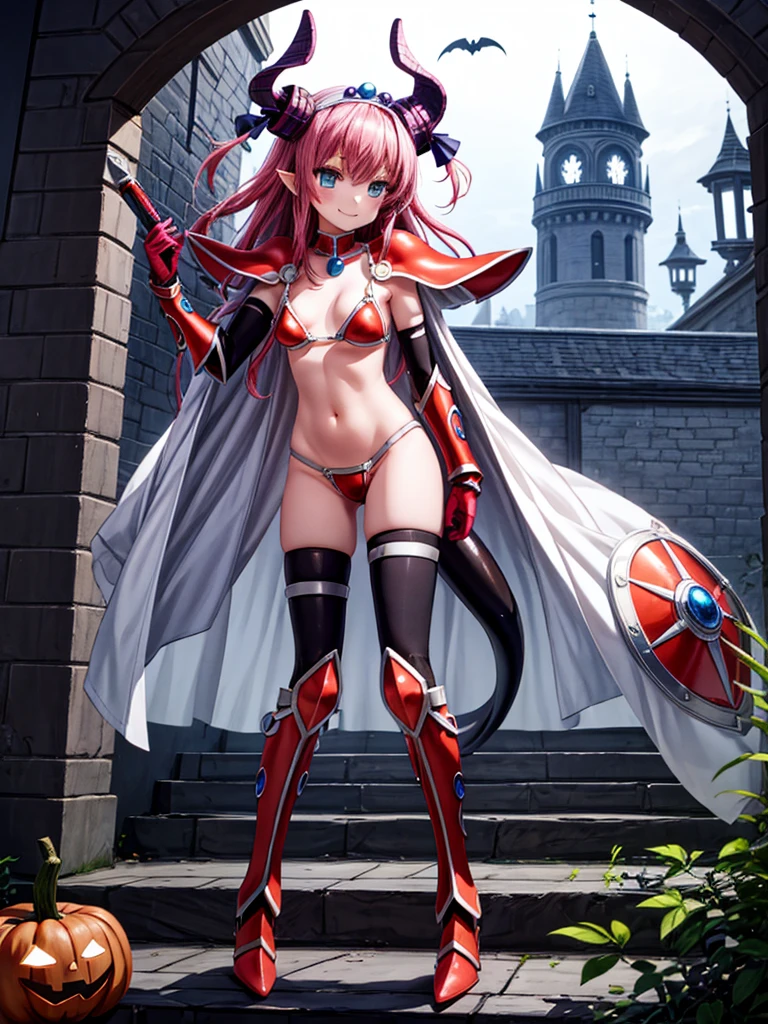 (AS-Youngv2:1), <lora:add_detail:0.8>, (high quality, best quality), masterpiece, <lora:elizabeth_bathory_armor_v1.1:0.8> elizabeth bathory, bikini armor, armored boots, cape, sword, shield, dragon tail, pauldrons, tiara, dragon horns, loose bikini