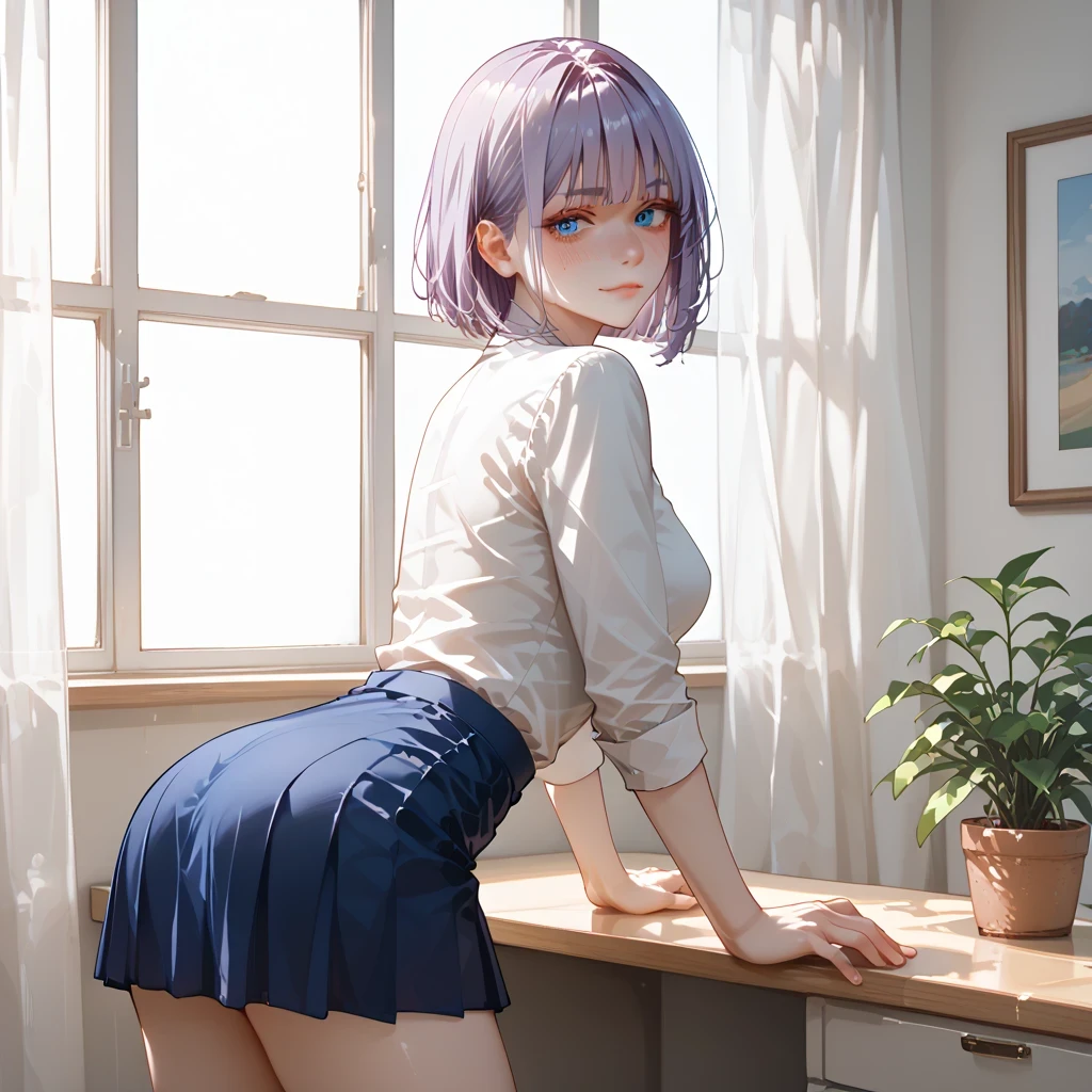 pale purple hair、 top quality、 Masterpiece、( professional lighting without shadows )、 surreal、 fascinating、A figure that looks like a slender supermodel、 one girl , ( lean forward to the camera to show off her butt ), ( Medium Breasts), ( flat , white skin without wrinkles or unevenness ), (明るい and beautiful blue eyes , wolf cut, Goes well with super mini tight skirts。、 show off a pose exposed from directly behind her butt ), ( beautiful face squinting in bright light )