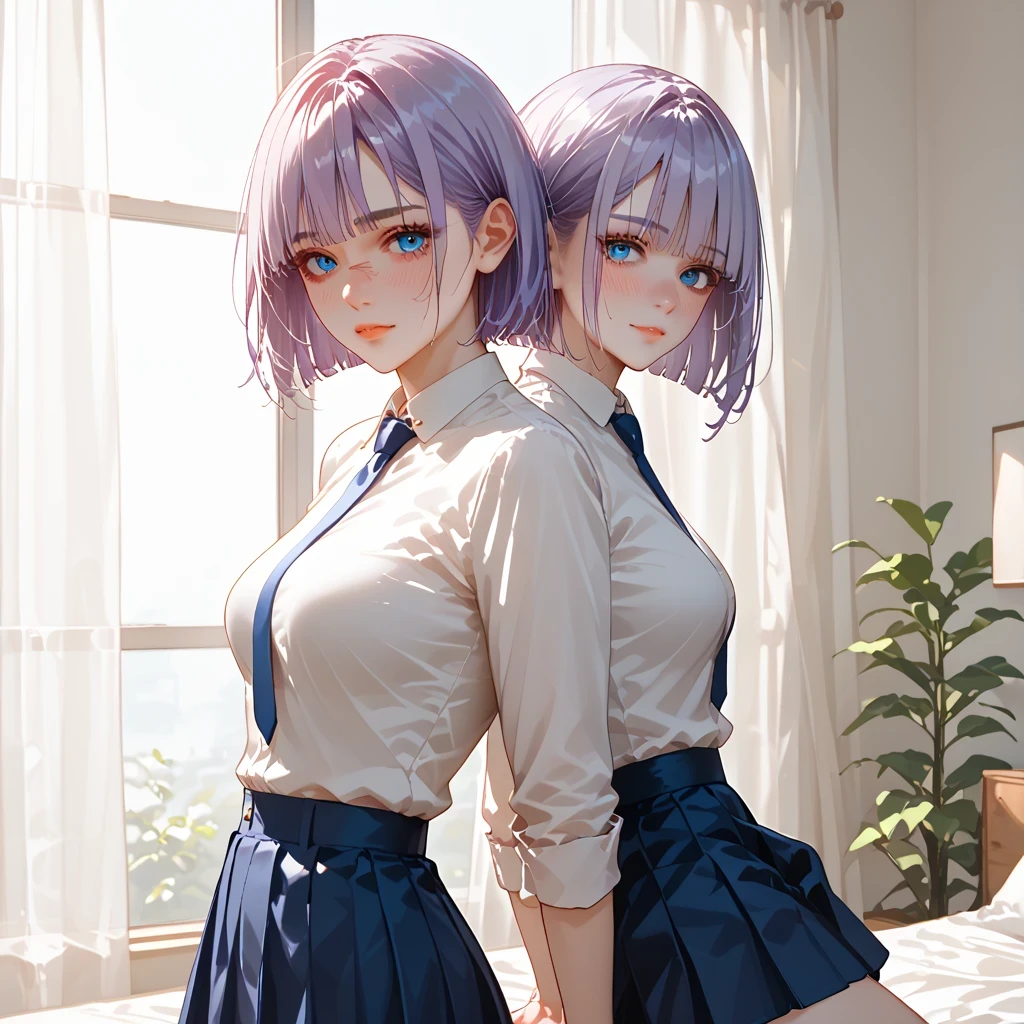 pale purple hair、 top quality、 Masterpiece、( professional lighting without shadows )、 surreal、 fascinating、A figure that looks like a slender supermodel、 one girl , ( lean forward to the camera to show off her butt ), ( Medium Breasts), ( flat , white skin without wrinkles or unevenness ), (明るい and beautiful blue eyes , wolf cut, Goes well with super mini tight skirts。、 show off a pose exposed from directly behind her butt ), ( beautiful face squinting in bright light )