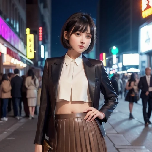  cute young woman,   short black hair ,  brown eyes,  Empress, pleated skirt suit,Street lights,neon,Busy street background,(belly button:1.1, princess eyes ), noble, Royalty,  High Quality , Masterpiece,  very detailed on trends