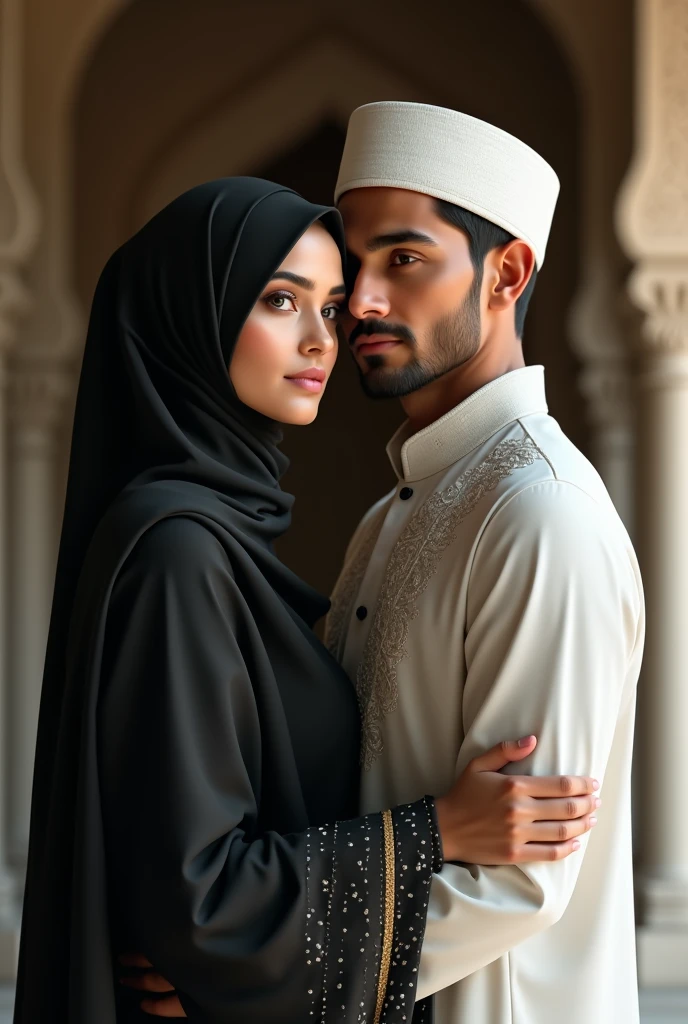a Muslim husband and wife sitting together, the wife is studying with her head on her husband's chest, highly detailed, hyper realistic, soft lighting, warm colors, romantic atmosphere, intricate details, beautiful ornate decorations, seamless composition, award winning photograph, (best quality,4k,8k,highres,masterpiece:1.2),ultra-detailed,(realistic,photorealistic,photo-realistic:1.37)