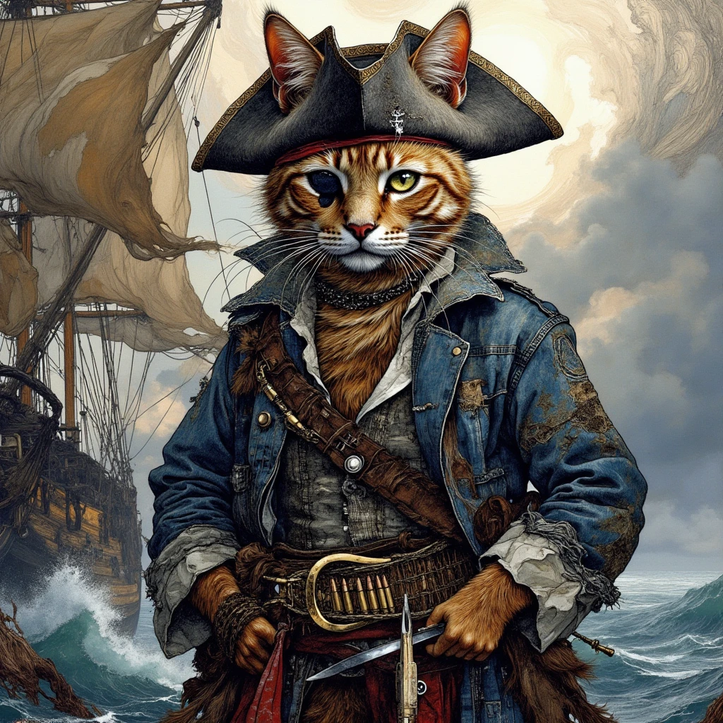 A fierce pirate cat, with a weathered tricorn hat, an eye patch, and a rugged denim jacket, proudly standing with a belt full of gleaming bullets slung across its shoulder. The cat has an air of authority, with a sword sheathed at its side and a confident, commanding expression. Its posture exudes the bravado of a high-ranking pirate officer, ready to lead its crew through stormy seas. The background features a pirate ship with billowing sails, a tumultuous sea, and a stormy sky, emphasizing the adventurous, rebellious spirit of the pirate world