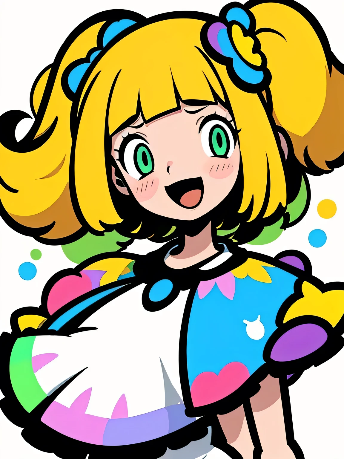 (upperbody),One girl,a blond,poneyTail,lillie,Green eyes,arms back,nimbly,Beautiful steppe,Good luck Lily,A pokémon,White Dress,Raising,verd s eyes,small ,Smile with open mouth,Beautiful steppe,blushed face,closing eye,huge smile,white simple background,murakami takashi:1.3,kaleidoscope,outline,(illustration),