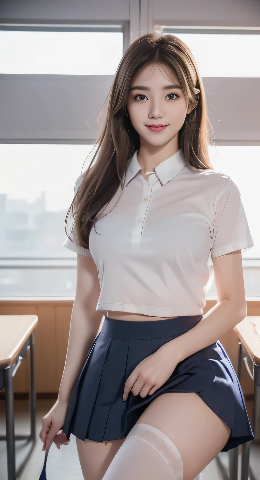 (1girl), Amazing face and eyes, (big round eyes:1.15), (extremely detailed beautiful face), (light blue school uniform, pleated mini skirt:1.3), (school uniform with open breasts:1.2), (Best Quality:1.4), (Ultra-detailed), (Ultra realistic, photo-realistic:1.37), beautiful fair skin, extremely detailed CG unified 8k wallpaper, raw photos, professional photograpy, cinematic lighting, sitting, spread legs wide open, school, classroom, (Cute pink wallpaper), ((warm white lighting)), ephemeral and fragile, Adorable,