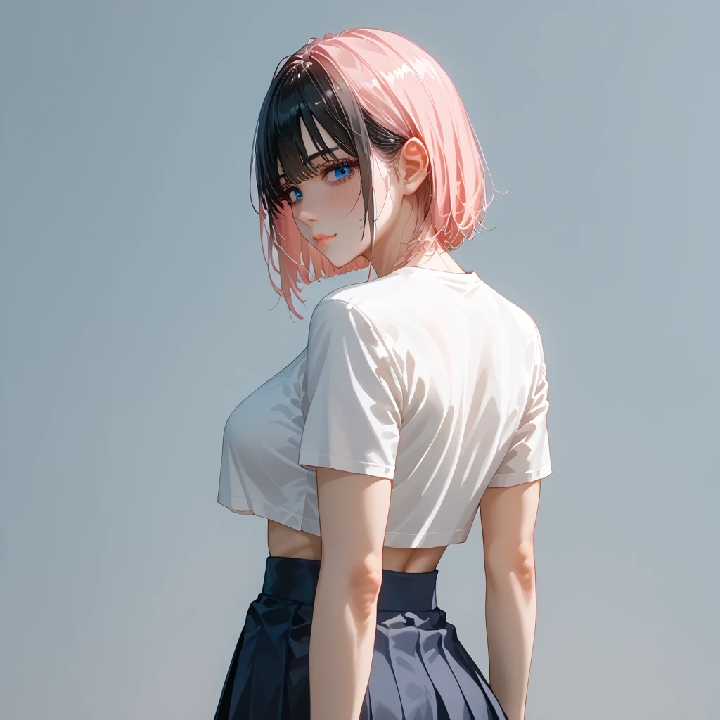 Beautiful Japanese, black hair, pink inner hair, clear、 top quality、 Masterpiece、( professional lighting without shadows )、 surreal、 fascinating、 figure like a slender supermodel 、 one girl , ( lean forward to the camera to show off her butt ), (slightly larger breasts,), ( flat , white skin without wrinkles or unevenness ), (明るい and beautiful blue eyes , ((casual wolf cut )), (( tight skirt 、 cropped t-shirt)))、 show off a pose exposed from directly behind her butt ), ( beautiful face squinting in bright light )
