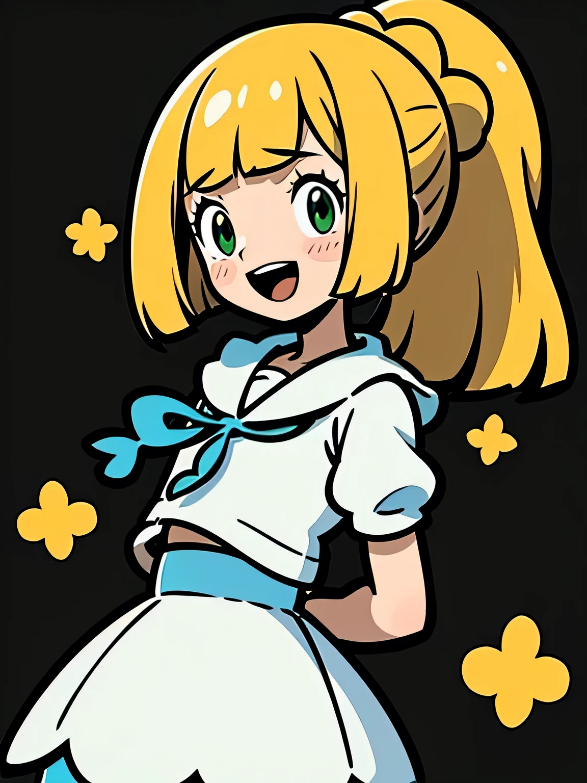 sideview,(upperbody),cute face,One girl,a blond,poneyTail,lillie,Green eyes,arms back,nimbly,Beautiful steppe,Good luck Lily,A pokémon,White Dress,Raising,verd s eyes,small ,Smile with open mouth,Beautiful steppe,blushed face,closing eye,huge smile,white simple background,murakami takashi:1.3,kaleidoscope,outline,(illustration),