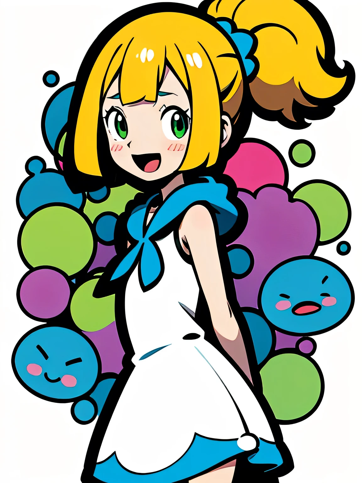 sideview,(upperbody),cute face,One girl,a blond,poneyTail,lillie,Green eyes,arms back,nimbly,Beautiful steppe,Good luck Lily,A pokémon,White Dress,Raising,verd s eyes,small ,Smile with open mouth,Beautiful steppe,blushed face,closing eye,huge smile,white simple background,murakami takashi:1.3,kaleidoscope,outline,(illustration),