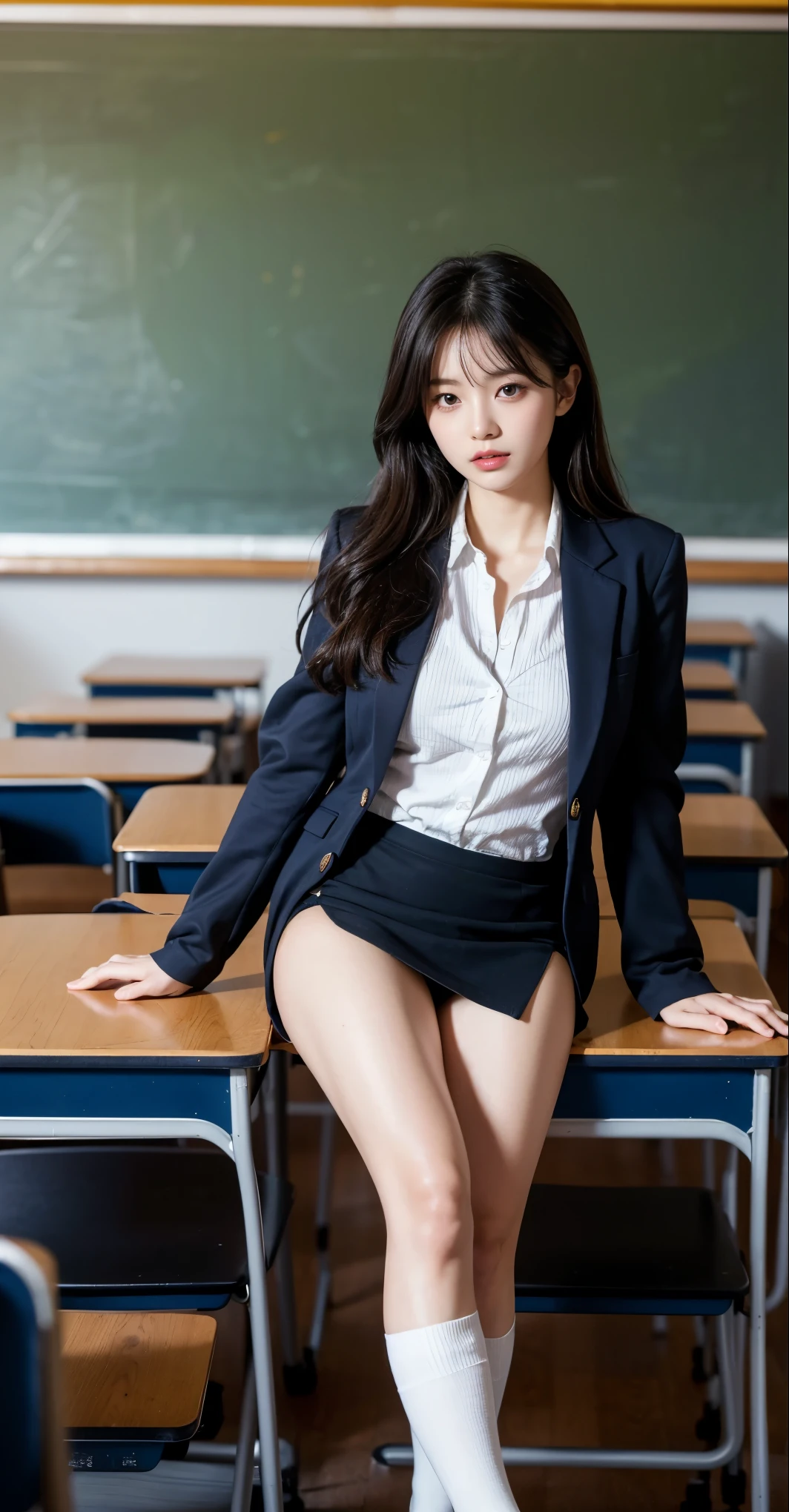 1womanl、(Super beautiful)、(beauitful face:1.5)、40 years、spreads her legs、I'm showing my panties、(white  panties)、makeup, Business Suit, (a miniskirt:1.2)、Sitting on a chair in a classroom in 、Chalkboard background