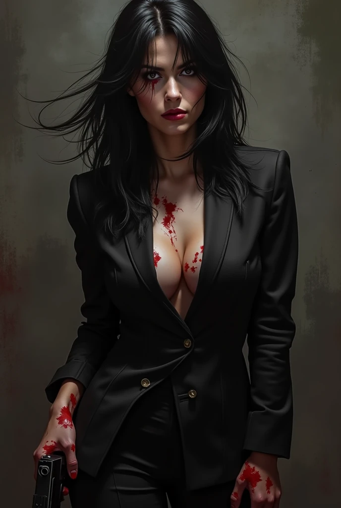 (beste-Qualit), (tmasterpiece), (Gloomy color scheme:1.5), ((Close-up of a girl in a suit)), 1girl in costume, androgynous vampire, junji ito 4 k, with long dark hair, ito junji art, style of junji ito, Dark Costume, portrait of sadako of the ring, Gentle androgynous princess , Beautiful androgynous princess , with her long black hair, girl in suit, stocklings, (big yellow eyes:1.3), fangs, detailing, (generous cleavage), Burst breasts, extra high resolution, 8K, (The blood on her lips runs down her neck), (Lovely Medium Breasts), perfect anatomy, (Gloomy color scheme:1.5), (shapely body), Microthongs, Beautiful slender legs, sexypose, (Hands Behind Your Back:1.2), (Looking down), (The gaze is directed downwards), (Night Sky Background: Red Moon)