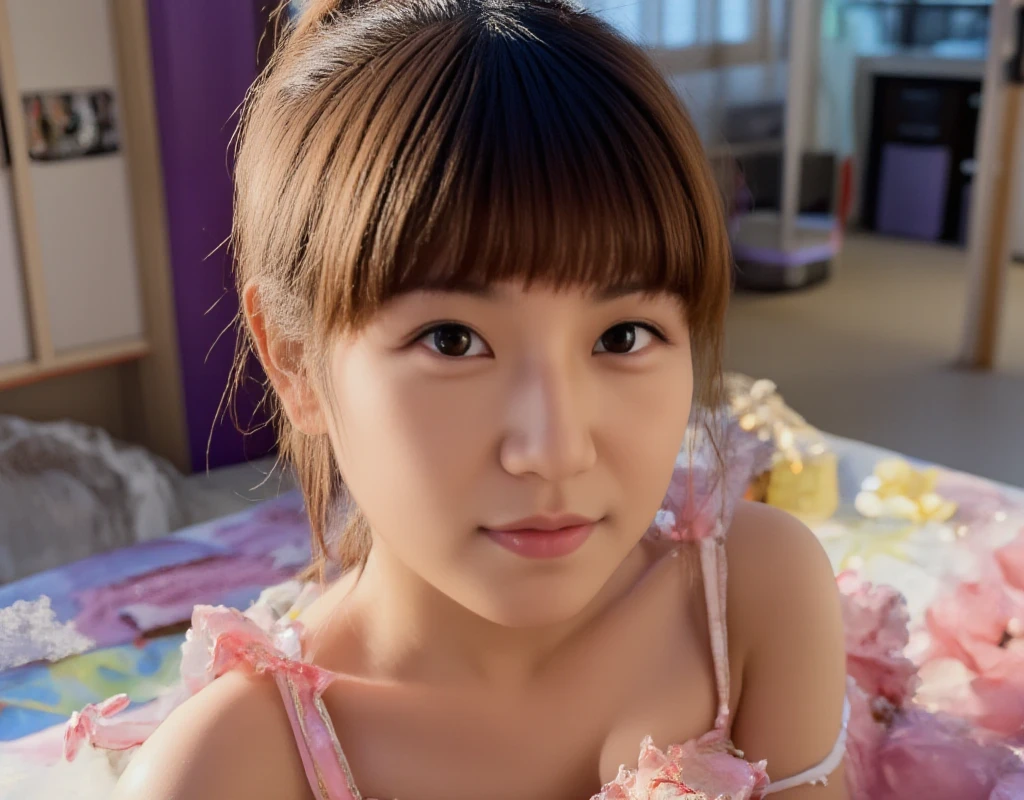 16k, ((Masterpiece)), ((  top quality )), (  Ultra-Fine),  professional photography , (Beauty:1.10),  beautiful detail , (((  surreal))), ((  HIGH DEFINITION CLEAR FOCUS  :1.5)),  natural light ,  21-year-old idol with beautiful face  ,  Beautiful Japanese Girl Face , Japanese facial features,  beautiful detail eyes,  1 girl, (( Normal Small Breasts  )), (  upright position:1.5),  ponytail , Fluttering Bangs  , スリムな  thighs,  beautiful detail eyes,  beautiful detail lips,  very detailed eyes and face , ((Colorful Corsets and Bras  )), (  Ultra Precise and Luxurious Gold Embroidered Lingerie:1.5),  garter stockings ,  bright color, Cinematic Lights  , (bedroom),(  thighs:1.3).