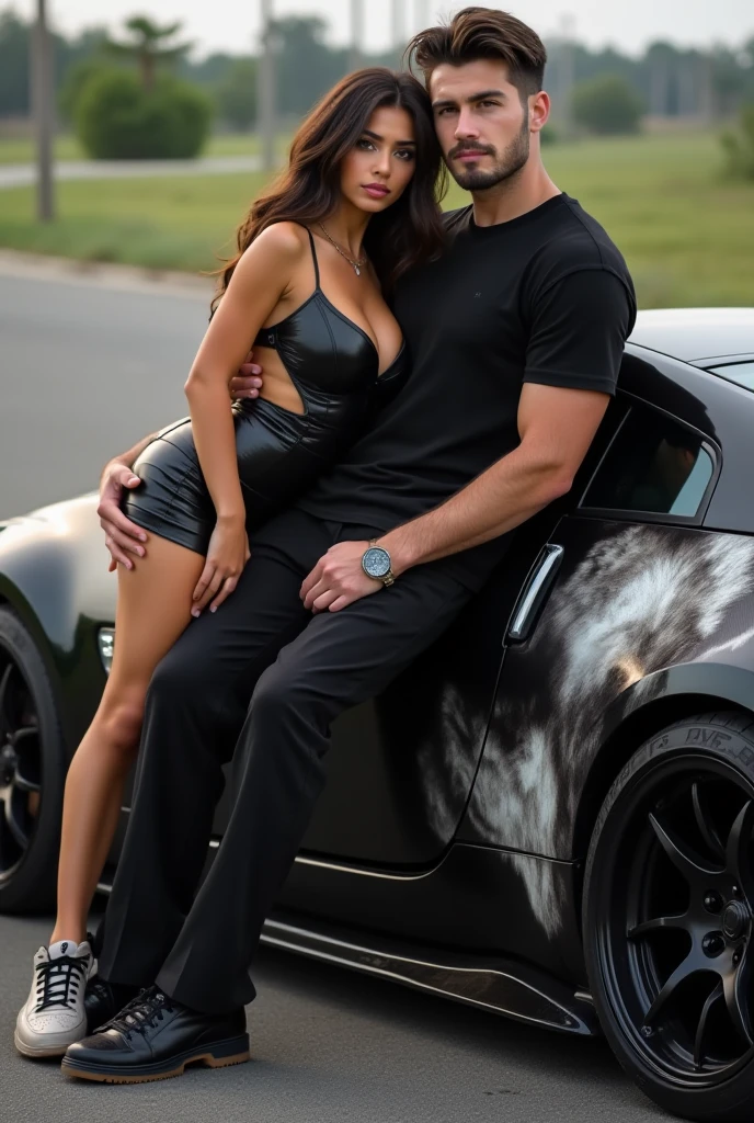 Bondage couple((1 handsome man and 1 busty woman kneeling down)),factory area,cars and bike