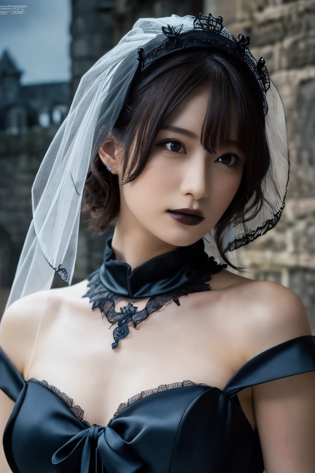 1 girl, ( wearing a gothic wedding dress :1.2), (Veil), A very beautiful portrait of a Japanese singer, ( Lying Down ),
( RAW photos, best quality ), ( realistic, realistic:1.4), (masterpiece),
so delicate and beautiful, very detailed on trends, 2k wallpaper, amazing, finely, very detailed on trends CG Unity 8K wallpaper, very detailed on trends, high resolution, Soft light,
girl with beautiful details wearing a navy blue blouse, very detailed on trends目と顔, beautiful and sophisticated nose , beautiful beautiful eyes under the sun, movie lighting,
( Scottish castles:1.3), ( overcast, monotone dark screen standing in an old Scottish castle :1.3), (Thick Fog),
(Short hair), Perfect Anatomy, slender body, ( small breasts), whole body