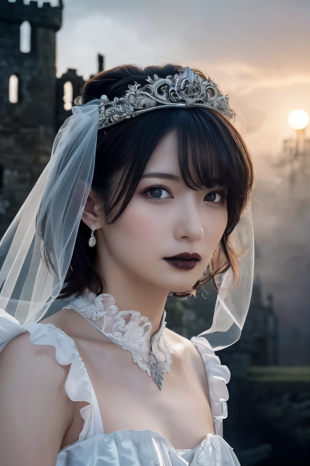  1 girl, ( wearing a gothic wedding dress :1.2), (Veil), A very beautiful portrait of a Japanese singer, ( Lying Down ),
( RAW photos,  best quality ), ( realistic,  realistic:1.4), (masterpiece), 
 so delicate and beautiful,  very detailed on trends, 2k wallpaper,  amazing, finely,  very detailed on trends CG Unity 8K wallpaper,  very detailed on trends,  high resolution, Soft light, 
 girl with beautiful details wearing a navy blue blouse,  very detailed on trends目と顔,  beautiful and sophisticated nose ,  beautiful beautiful eyes under the sun,  movie lighting, 
( Scottish castles:1.3), ( overcast, monotone dark screen standing in an old Scottish castle :1.3), (Thick Fog),
(Short hair), Perfect Anatomy,  slender body, ( small breasts), whole body