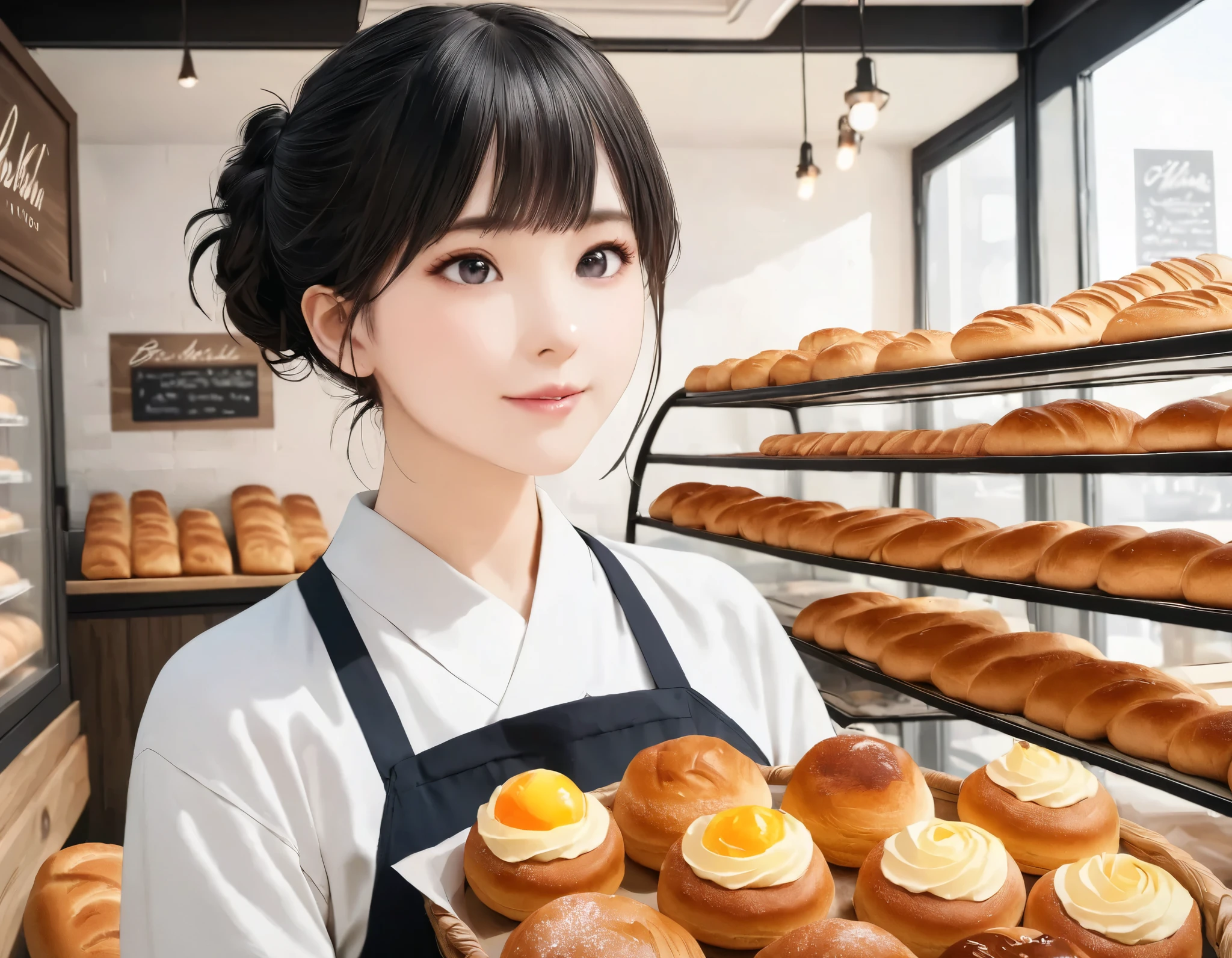 (best quality, 8k, high resolution:1.2), 1girl, bakery, upper body