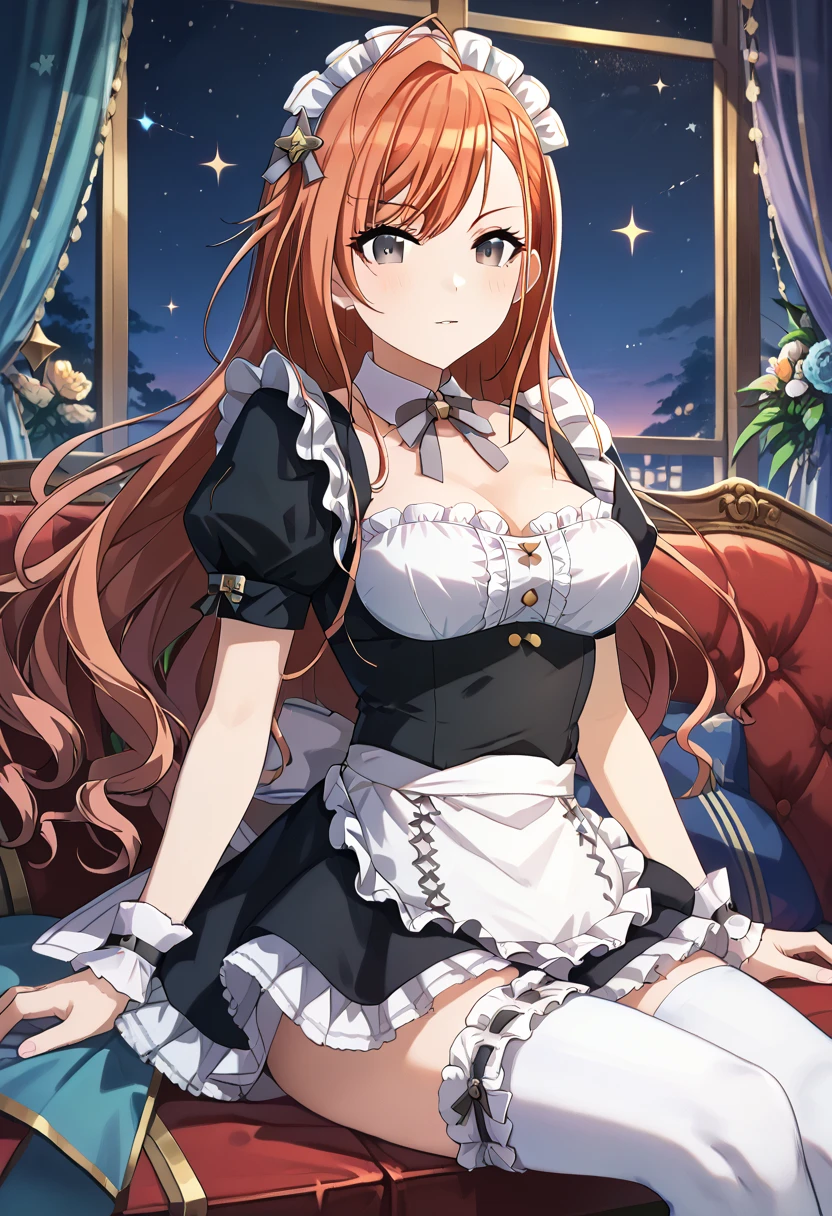 (masterpiece),(best quality),(ultra-detailed),(best illustration),(best shadow),(absurdres),(detailed background),(very aesthetic)natsuha arisugawa, 1girl, solo, orange hair, long hair, ahoge, swept bangs, black eyes, large breasts, cleavage, maid, enmaided, black dress, frills, frilled dress, maid headdress, waist apron, frilled apron, white apron, detached collar, neck ribbon, grey ribbon, puffy sleeves, puffy short sleeves, short sleeves, wrist cuffs, white thighhighs, bridal garter, dark sky, stars, Window, sitting on sofa, 