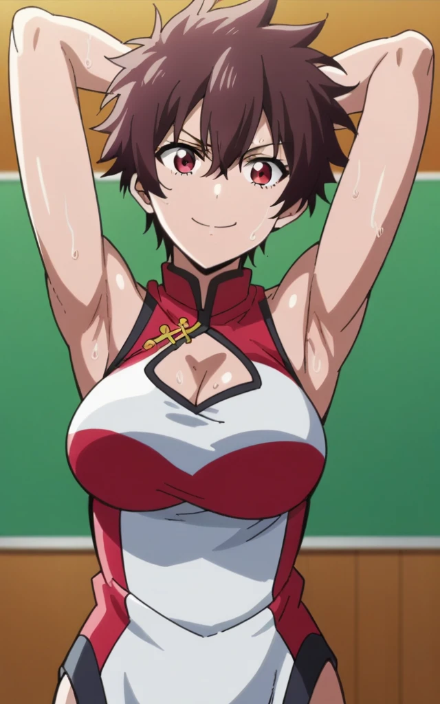 score_9, score_8_up, score_7_up, source_anime, anime screencap, 1girl, solo, nagisa aragaki, short hair, brown hair, red eyes, sleeveless, chinese uniform, cleavage, arms behind head, bare shoulders, bare arms, armpits, looking at viewer, head towards viewer, smile, closed mouth, badhandv4, large breasts, tomboy, indoors, gym background, sweaty armpits