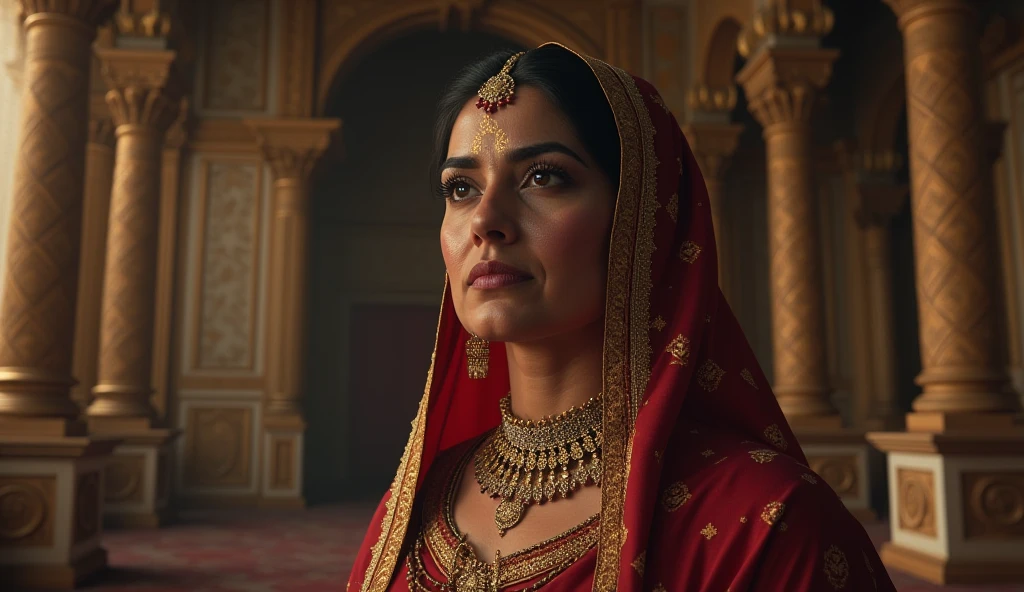 Indian mom with red blouse, curvy body,big chest standing in a castle