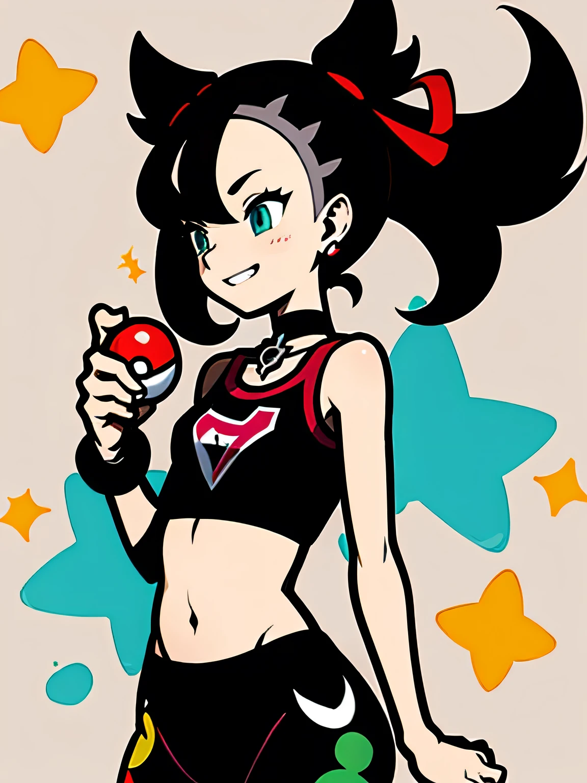 sideview,(upperbody),cute face, hmmarnie, aqua eyes, black choker, red ribbon, earrings, jewelry, midriff, sports bra, bare shoulders, pants, leggings,standing, cowboy shot, stadium, holding poke ball, poke ball \(basic\), evil grin,white simple background,murakami takashi:1.3,kaleidoscope,outline,(illustration),