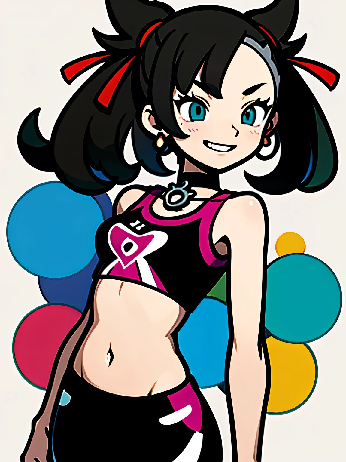 sideview,(upperbody),cute face, hmmarnie, aqua eyes, black choker, red ribbon, earrings, jewelry, midriff, sports bra, bare shoulders, pants, leggings,standing, cowboy shot, stadium, holding poke ball, poke ball \(basic\), evil grin,white simple background,murakami takashi:1.3,kaleidoscope,outline,(illustration),
