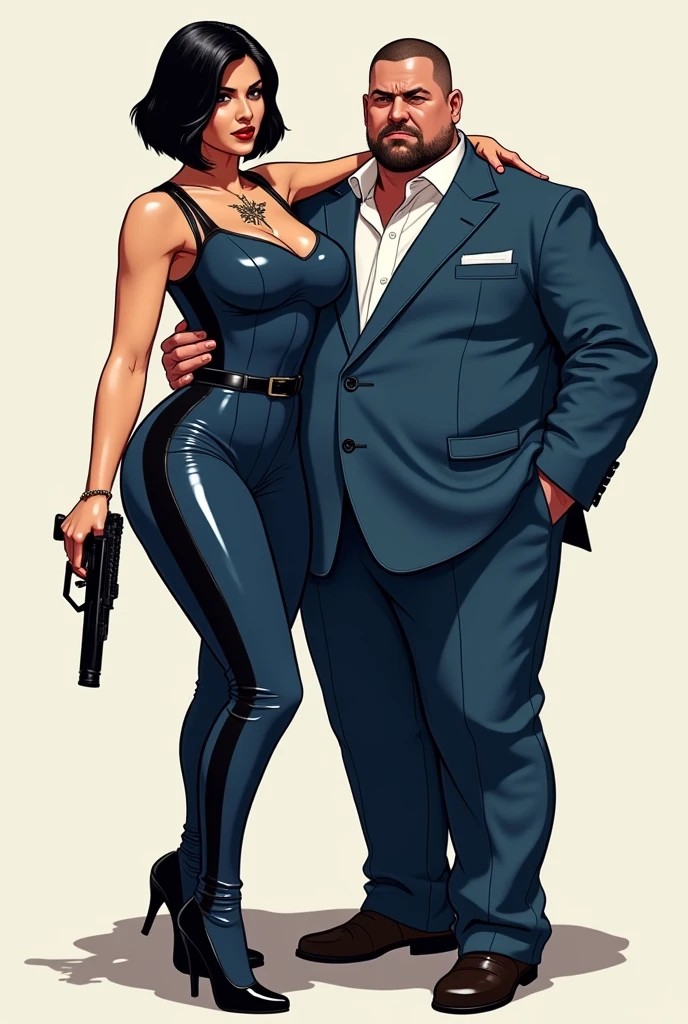 A 4k picture of a couple, a sexy hourglass body woman, and a rich boss, vector color shading, warm color tone, 2D gta artstyle, masterpiece, best quality