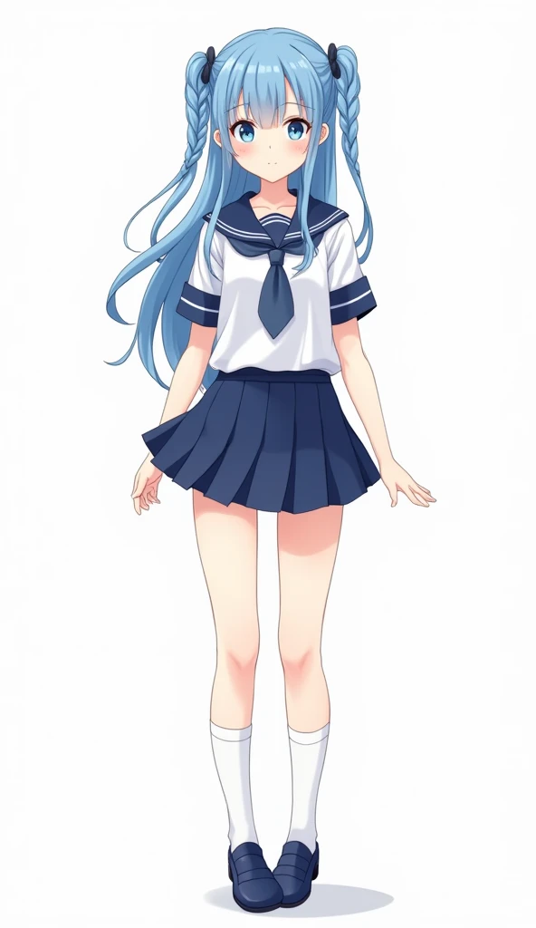 drawing of 18 year old anime girl 2d girl with long blue hair in stylized side braids and blue eyes wearing a sailor uniform with her hair tied in light side buns with white socks on a white background, blue shoes, noble, model whole body