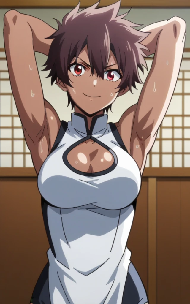 score_9, score_8_up, score_7_up, source_anime, anime screencap, 1girl, solo, nagisa aragaki, dark skin, short hair, brown hair, red eyes, sleeveless, chinese uniform, cleavage, arms behind head, bare shoulders, bare arms, armpits, looking at viewer, head towards viewer, smile, closed mouth, badhandv4, large breasts, tomboy, indoors, gym background, sweaty armpits, muscle