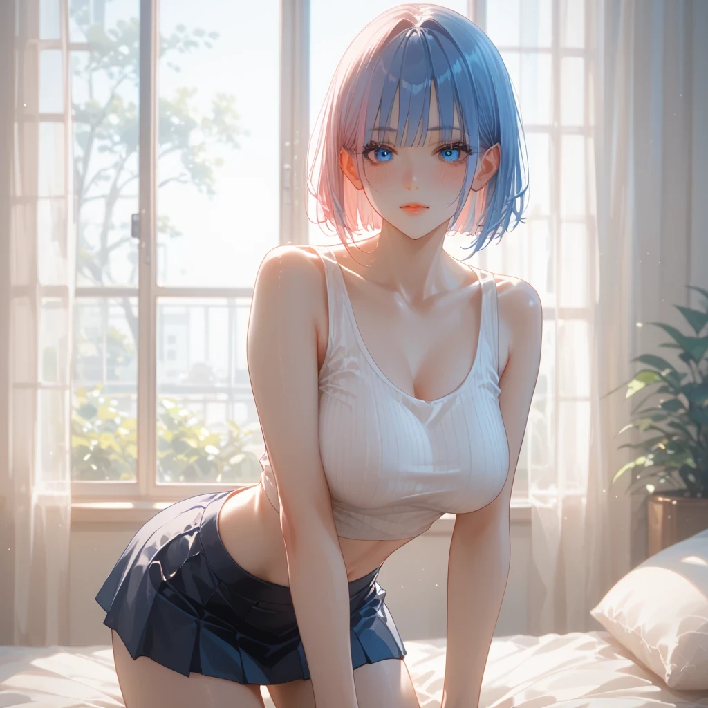 A young woman, His body matured into its adult proportions, stands out as the central figure of this piece. Her silhouette is characterized by fully developed breasts, Quadris mais largos, e cintura definida, enhancing her feminine allure. Her skin is fair, with a natural variation of tone that deepens around her – a subtle detail that underscores the authenticity of her depiction, seios enormes