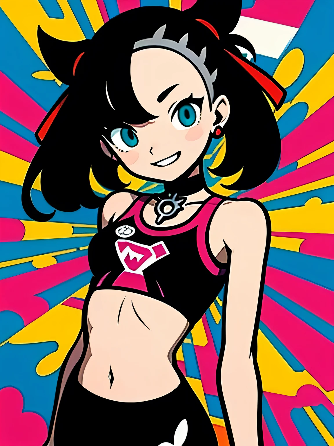 dutch angle,(upperbody),cute face:1.3, hmmarnie, aqua eyes, black choker, red ribbon, earrings, jewelry, midriff, sports bra, bare shoulders, pants, leggings,standing, cowboy shot, stadium, holding poke ball, poke ball \(basic\), evil grin,white simple background,murakami takashi:1.3,kaleidoscope,outline,(illustration),