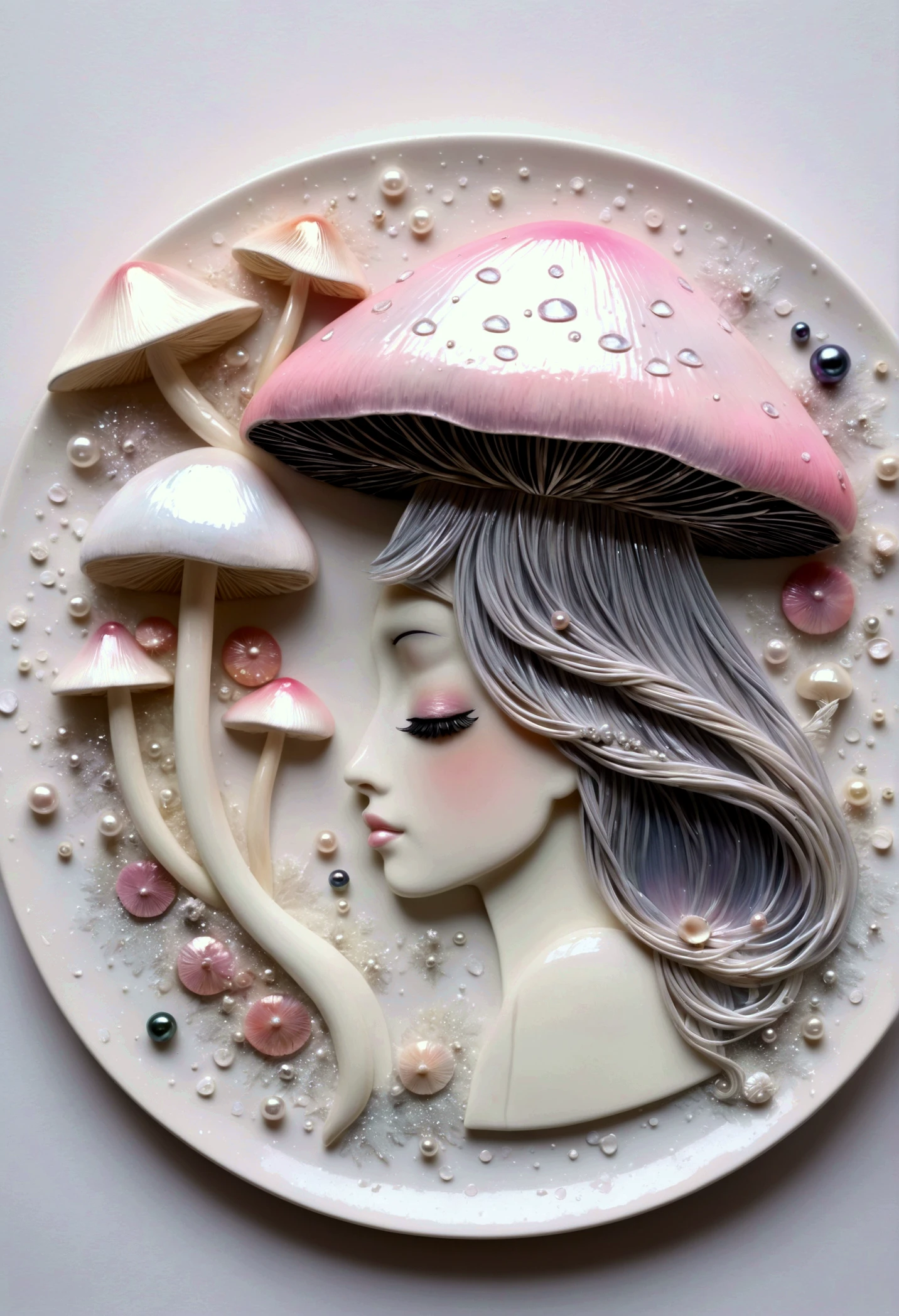 grattage, gradient, palette knife, rain, white on white,girl-plate mushroom, silver threads, glitter, delicate pastel, mother of pearl, sfumato, glitter, bas-relief of 5D small details, pink mother of pearl, black pearl, gently