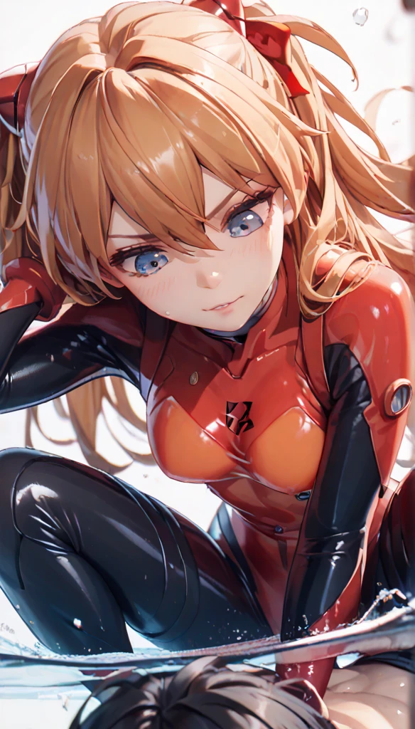 ((1girl)),((alone)),Asuka Langley,(masterpiece), (best quality), (ultra detailed), (best illustration), (best shadow), (absurdities), sharp focus, cowboy shot , dynamic posture looking at the viewer, small breasts, narrow waist, wide hips, wide thighs, round butt, erotic, romantic, (very detailed eyes, lips 1.1), very detailed eyes, eyes, Very detailed face, Very beautiful face, height full, beautiful slim figure, femininity, expressive appearance, elastic small breasts, sexuality, 25 years old, orange hair, medium hair, perfect proportions, (Asuka Langley, plug-in suit 02:1.2)), ((Blue eyes, beautiful face, eyes beautiful))), moist eyes, bright eyes, thin face, thin lips, narrow eyes, thin pale eyebrows, long eyelashes, long lower eyelashes, model taking a pose with hands on hips, sullen look, (Shine Red High -Gloss Suit: 1.1), Dark red bodysuit that shines like a mirror (dark red rubber suit with strong metallic shine and smooth surface), (Large connection terminals under the chest of precision circles: light metallic and silver: 1.3 )), Precision circular Metal shoulder and silver large connection terminals: 1.1, light metallic green part of the shoulder blade, beautiful female hands wearing tight-fitting red latex gloves (black tie latex with a strong metallic shine on the inside of the arm), two simple black wide latex from thighs to buttocks, (full body composition standing in model pose with realistic details: 1.1), accurate simulation of light-matter interactions, defined body, perfect and beautiful body, perfect and beautiful, closed mouth, smile, seductive smile, blushing, (sexy pose: 1.2), ((solo)), standing: 1.3, outdoor, cyberpunk cityscape, streets, city, lights neon, city lights, rain, night, looking forward, ((focus on breasts), point of view: (from above), red blush, perfect anatomy, perfect hands