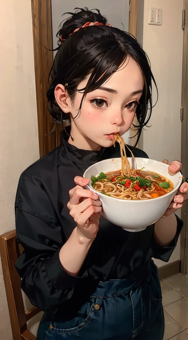 Women often eat ramen(chopstick、Pork bone ramen)​masterpiece、Anime style、bob cuts(hairstyle on).There are many ingredients around、food stand、Retro feel、adult lady、countryside