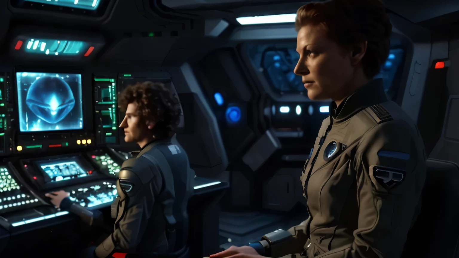 arafed woman and a boy in a spaceship control room, in a scifi movie, depicted as a scifi scene, ( ( ( alien ) ) ), eve online movie still, in a spaceship cockpit, solo female character, still from a ridley scott movie, sitting sad in spaceship, still from the movie the arrival, hyper realistic image