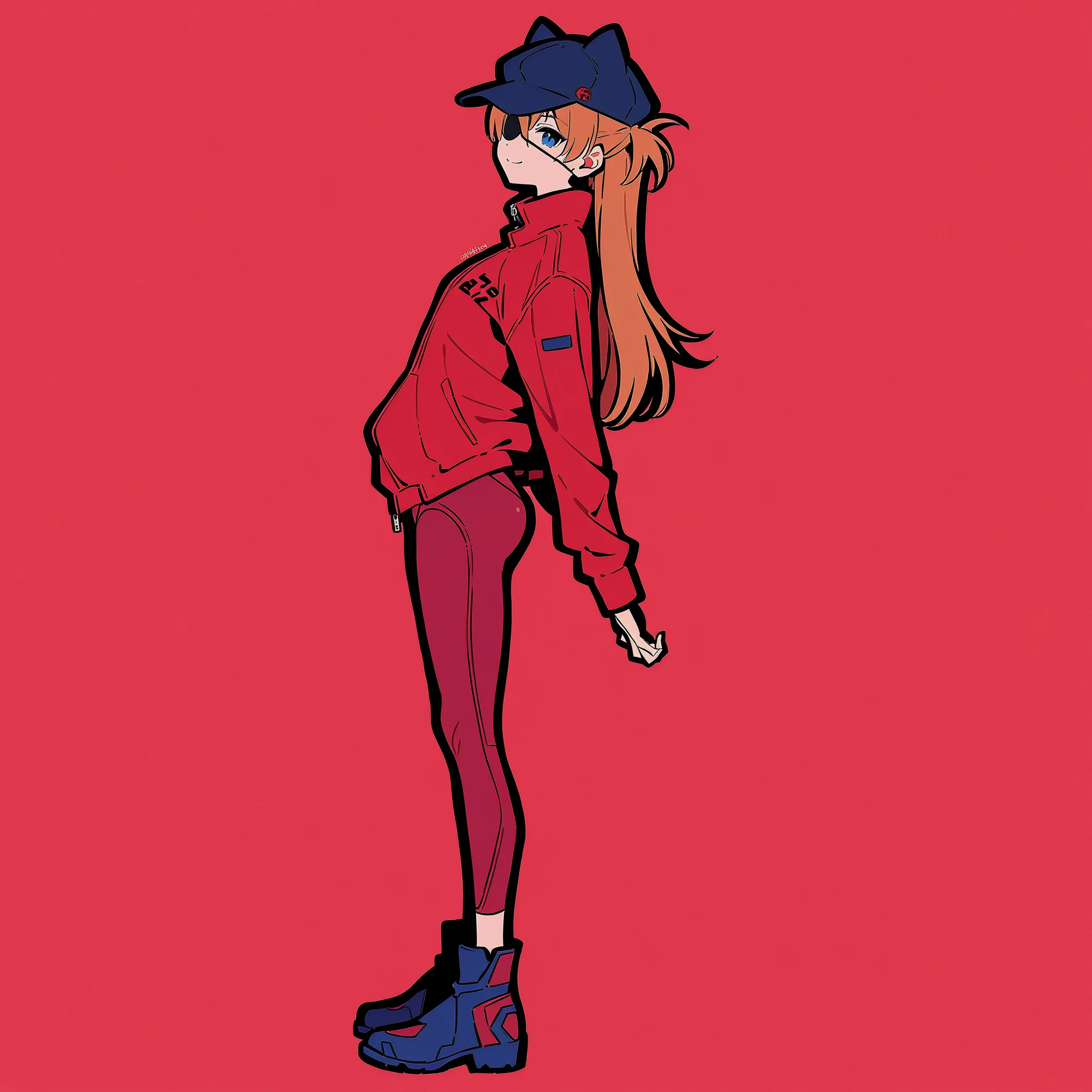 Masterpiece, best quality, simple background,red background,flat color, 1girl ,full body, , from side, smile,, Neon Genesis Evangelion 、 Shikinami Asuka Langley 、 blue eyes、 Red Jacket , red plug suit underjacket, Cat hat, eye patch, upper body、枠,