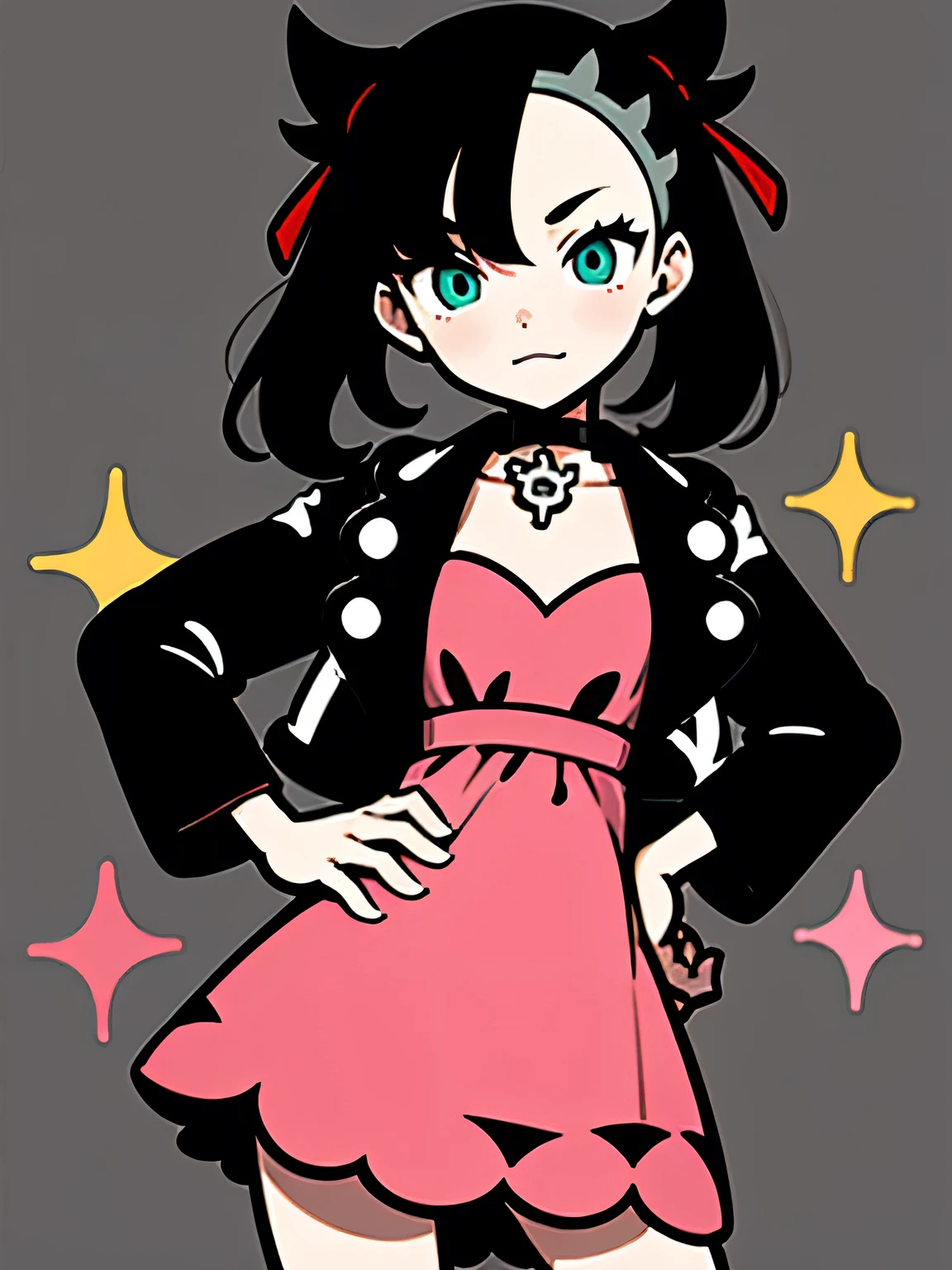 dutch angle,(upperbody),cute face:1.3, hmmarnie, aqua eyes, black choker, red ribbon, pink dress, jewelry, black jacket, open clothes, long sleeves, cowboy shot, standing, hand on hip, street,white simple background,murakami takashi:1.3,kaleidoscope,outline,(illustration),