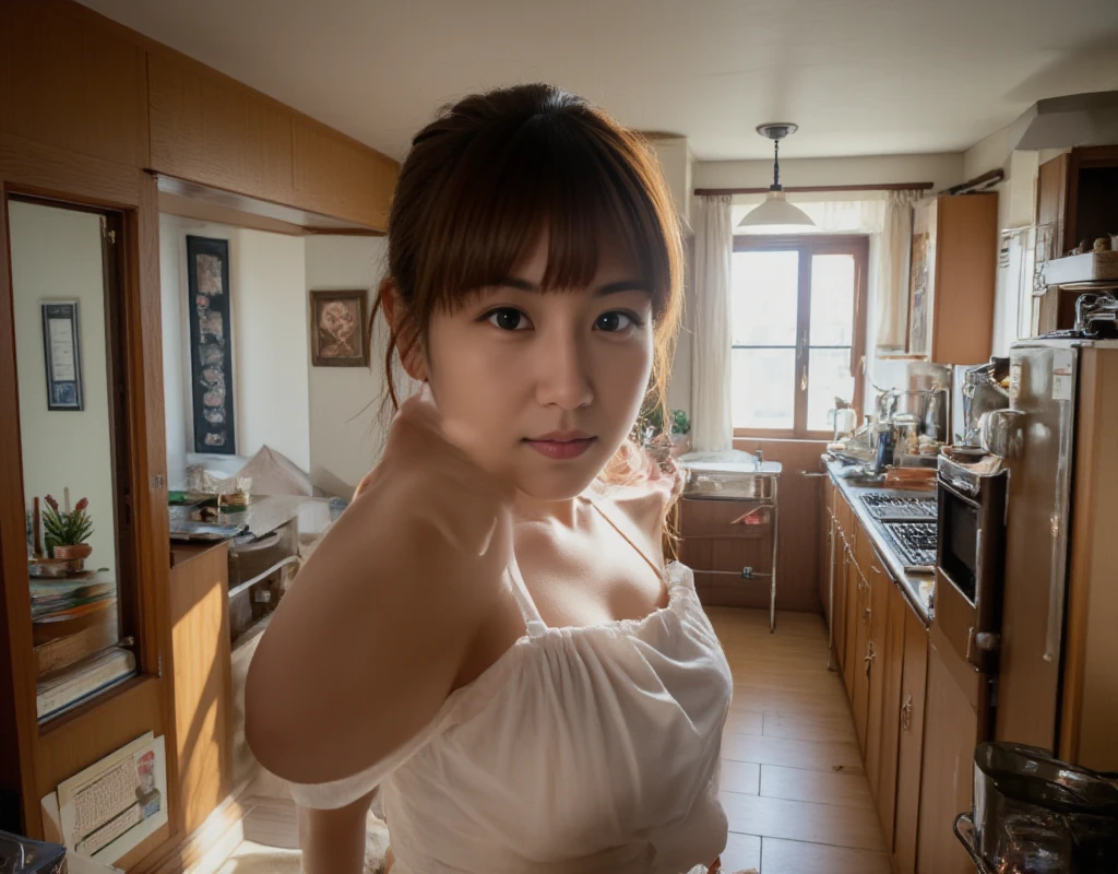 Japanese college girl in a revealing apron outfit, completely naked, (naked and wearing apron: 1.5, pale skin, normal breasts: 1.5, perfect body style: 1.5, sexy and seductive), (cozy studio apartment filled with sunlight streaming in through large windows), (holding a frying pan: 1.2), (cooking in the kitchen: 1.4), (wearing a short apron), (her hair is in a ponytail with a ribbon tied in it), (wearing a revealing apron: 1.5), (clutter of books, futon, small ornaments reminiscent of her school days), (soft beige carpet and wooden floor reflecting the warm afternoon light), (her pussy is visible from under the apron), (her skin and clothing, cinematic composition, surreal lighting, dynamic perspective, 8K resolution, ultra high quality, masterpiece. 