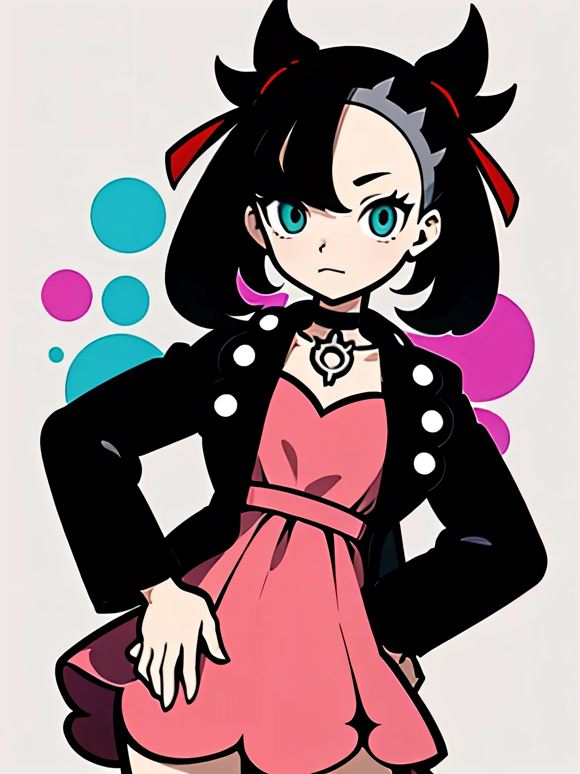 dutch angle,(upperbody),cute face:1.3, hmmarnie, aqua eyes, black choker, red ribbon, pink dress, jewelry, black jacket, open clothes, long sleeves, cowboy shot, standing, hand on hip, street,white simple background,murakami takashi:1.3,kaleidoscope,outline,(illustration),