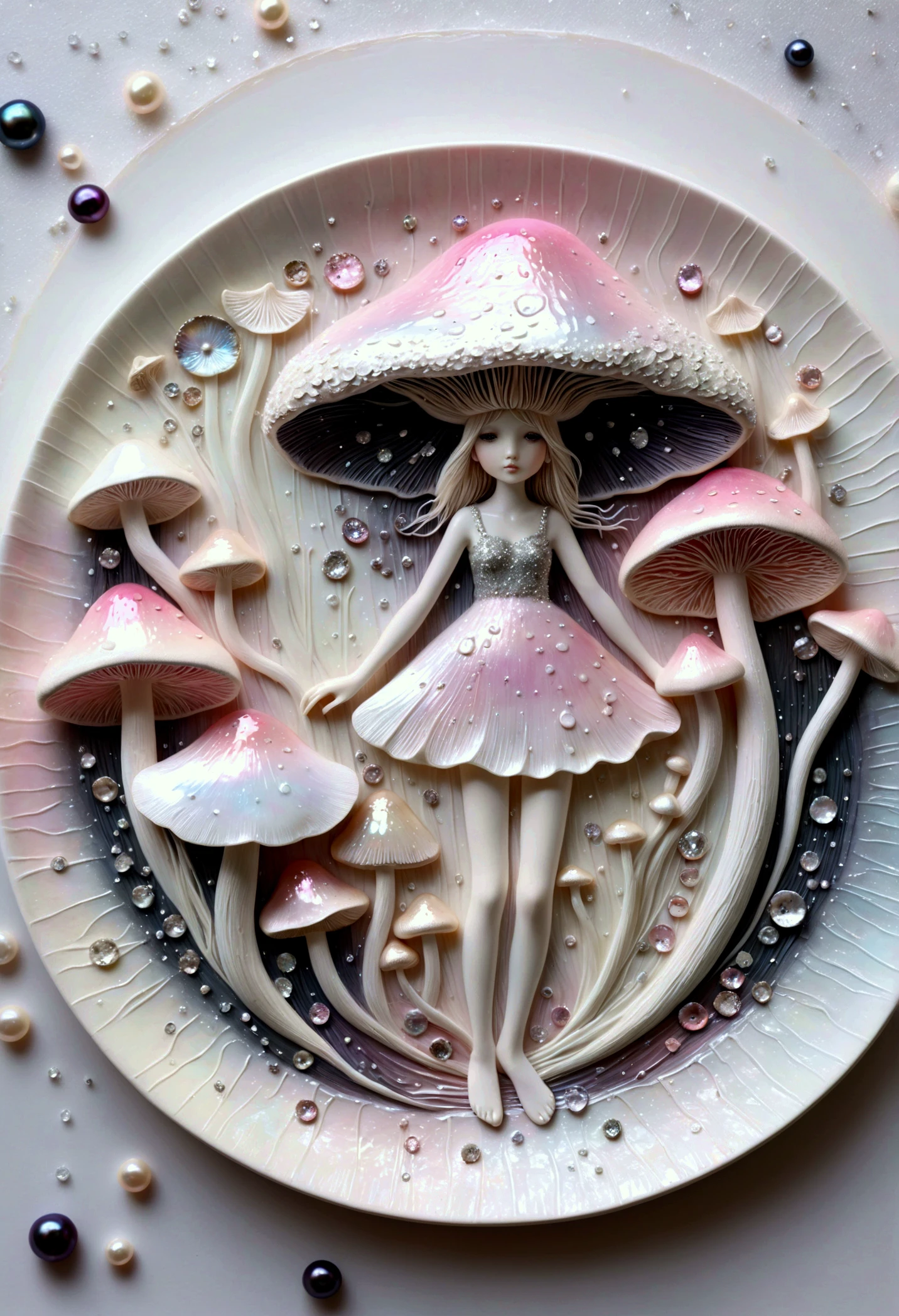 grattage, gradient, palette knife, rain, white on white,girl-plate mushroom, silver threads, glitter, delicate pastel, mother of pearl, sfumato, glitter, bas-relief of 5D small details, pink mother of pearl, black pearl, gently