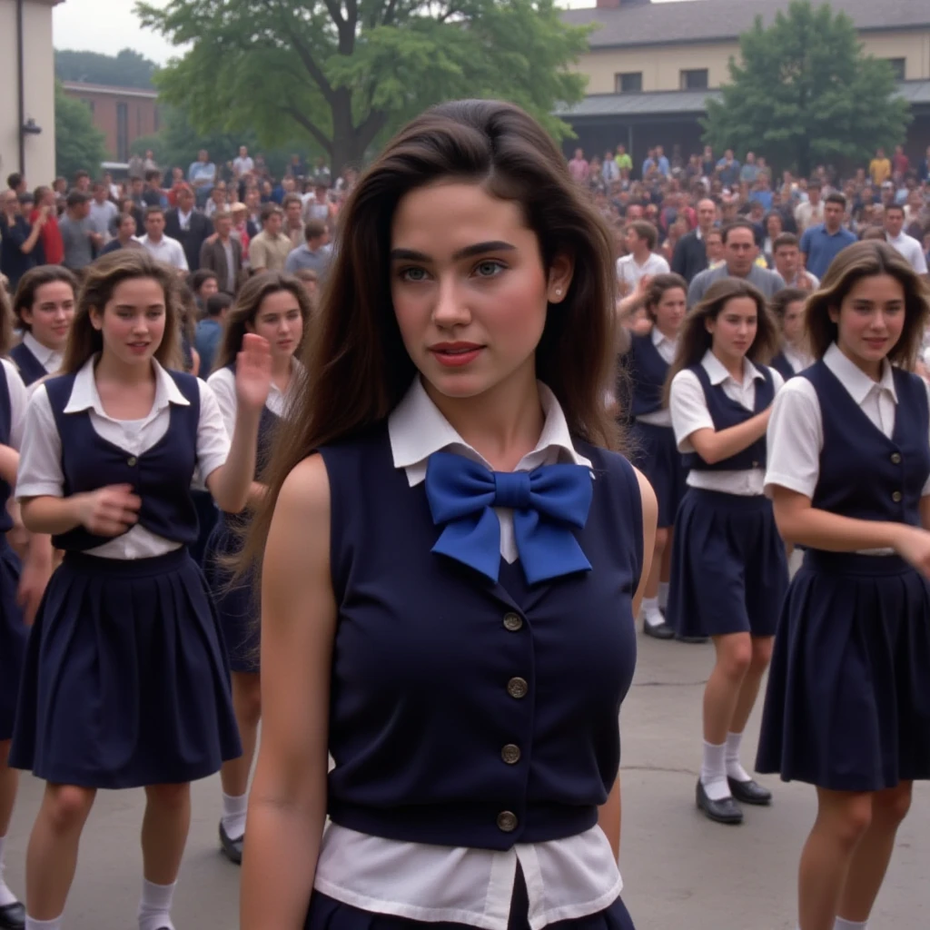 (masterpiece, best quality:1.2), from the front, a busty beautiful girl, (Jennifer Connelly at age 16), pure innocent face, whole body photo, she is enjoying dancing among other beautiful girls dancing in unison., a dynamic photo, she wears in a dark blue school uniform and skirt and white shirt with a vivid blue bow tie., her tall  and beautifully feminine body line is accentuated., healthy muscular beauty, very dymanic photo, her dark long hair is flowing., her vivid body,  ANATOMICALLY CORRECT , crowds of her fans in background.,bright natural light illuminates her beautiful face and body., 