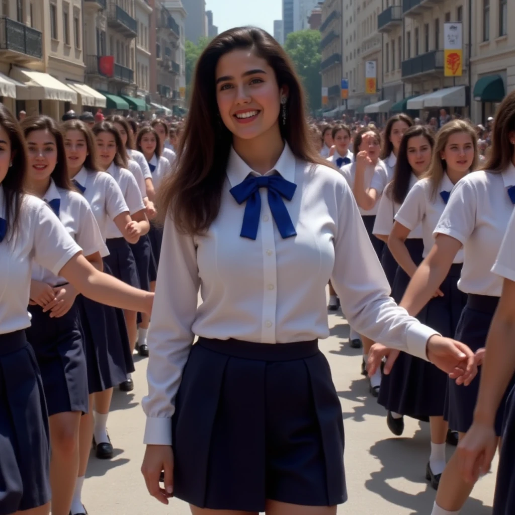 (masterpiece, best quality:1.2), from the front, a busty beautiful girl, (Jennifer Connelly at age 16), pure innocent face, whole body photo, she is enjoying dancing among other beautiful girls dancing in unison., a dynamic photo, she wears in a dark blue school uniform and skirt and white shirt with a vivid blue bow tie., her tall  and beautifully feminine body line is accentuated., healthy muscular beauty, very dymanic photo, her dark long hair is flowing., her vivid body,  ANATOMICALLY CORRECT , crowds of her fans in background.,bright natural light illuminates her beautiful face and body., 