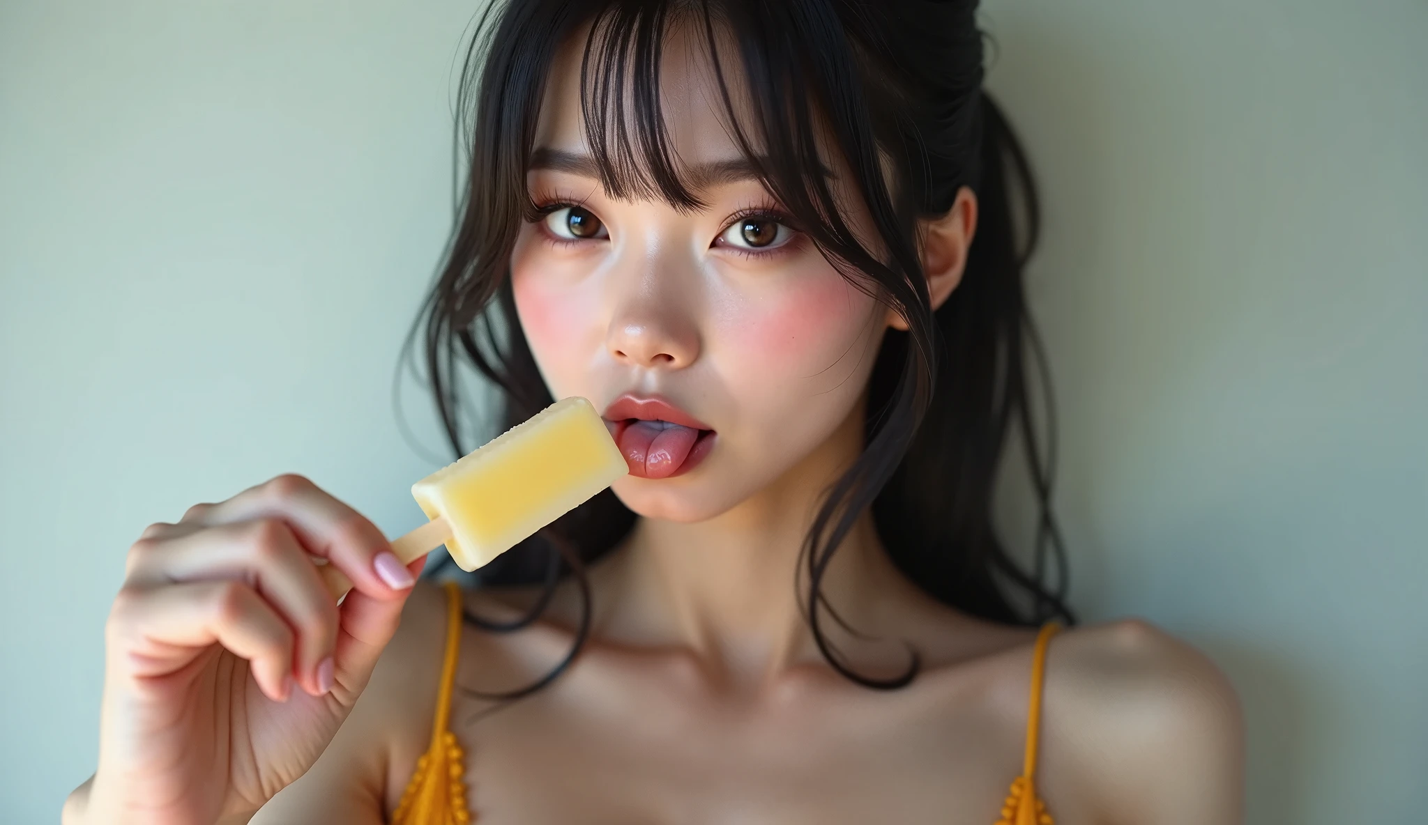 A beautiful 1 girl is naked and she is crawling low with a popsicle in her mouth and looking up.