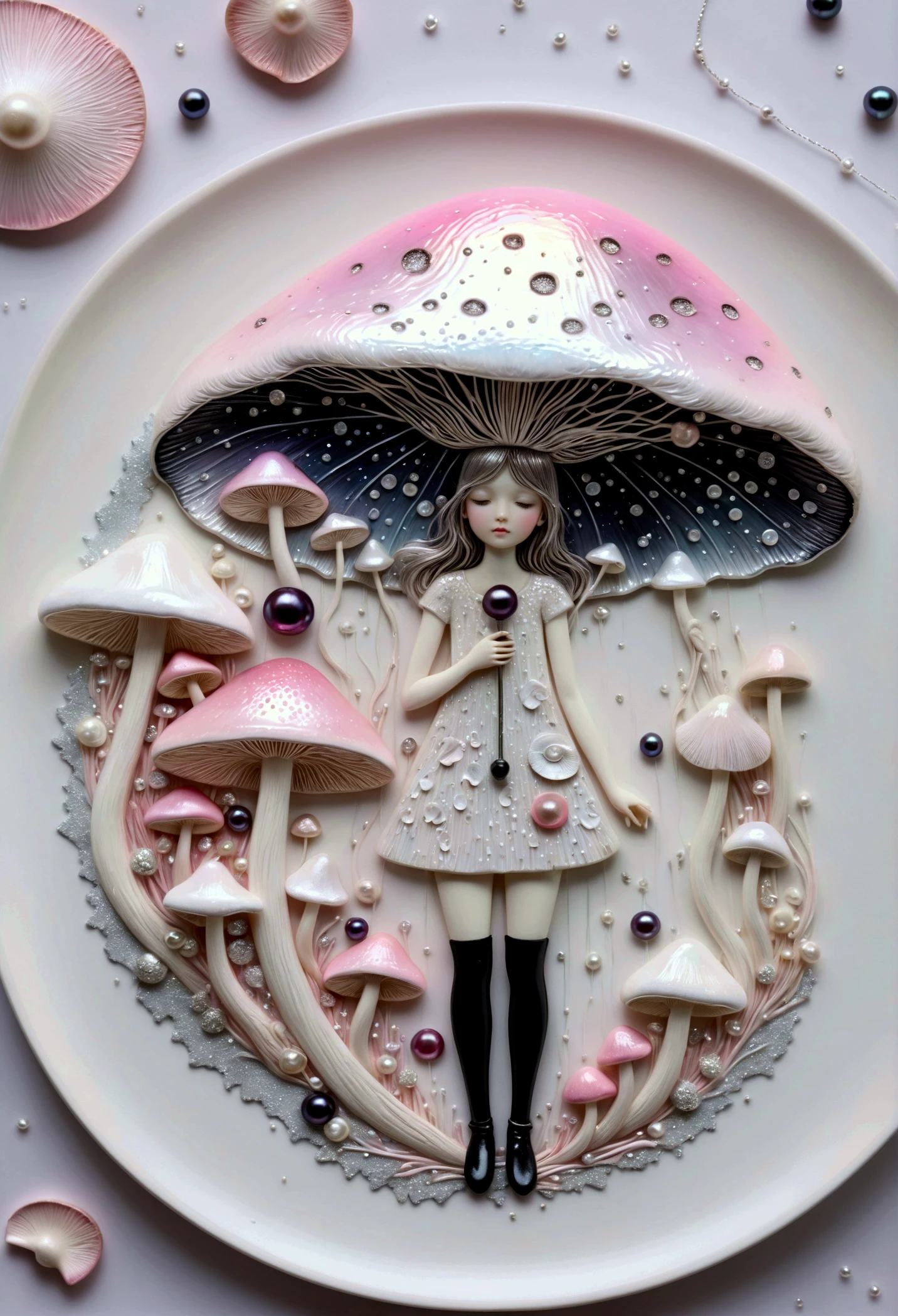 grattage, gradient, palette knife, rain, white on white,girl-plate mushroom, silver threads, glitter, delicate pastel, mother of pearl, sfumato, glitter, bas-relief of 5D small details, pink mother of pearl, black pearl, gently