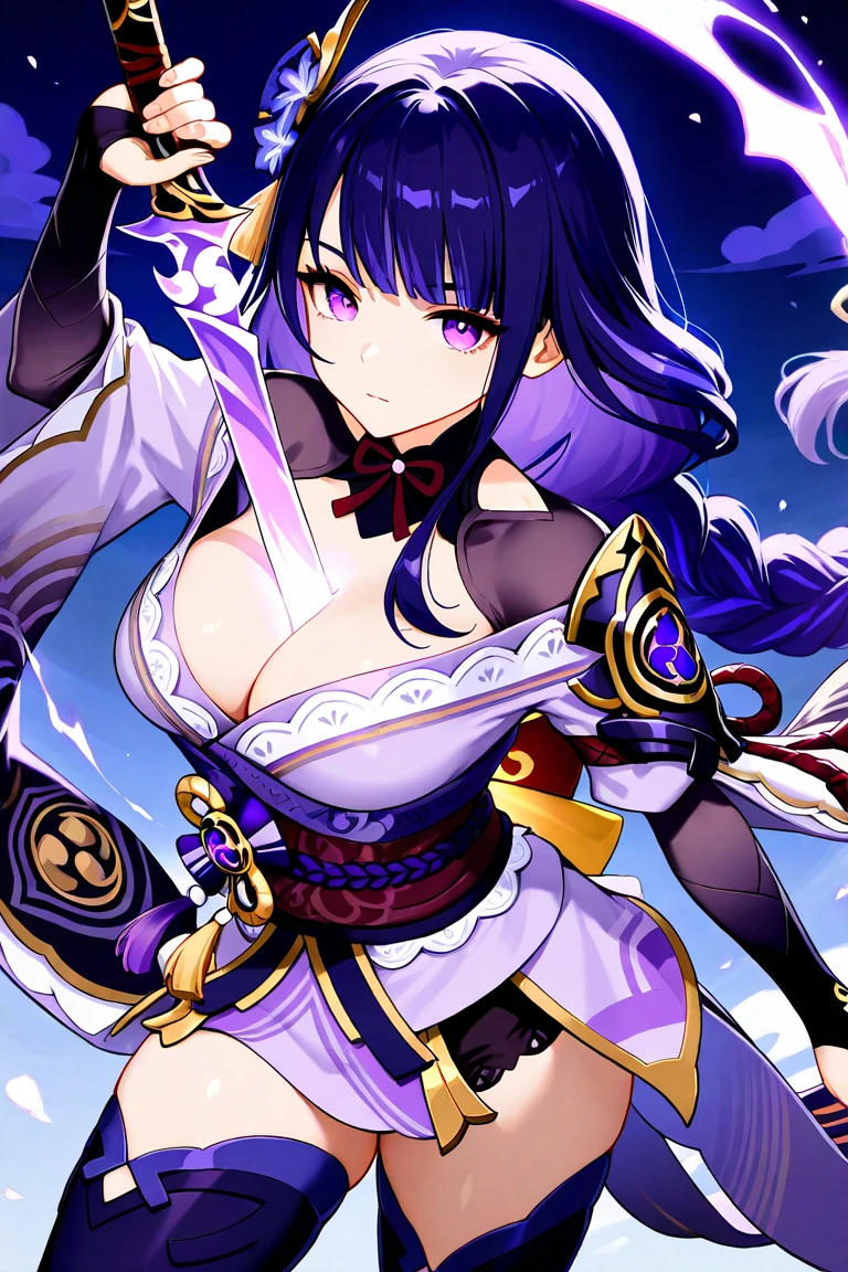 Girl, Raiden Shogun, Korean woman, shoulder exposure, shoulder smooth texture latex, coveted smile, anime feel, evil devil, {black painting}, {teasing smile}, {teasing smile}, high quality, clear picture,