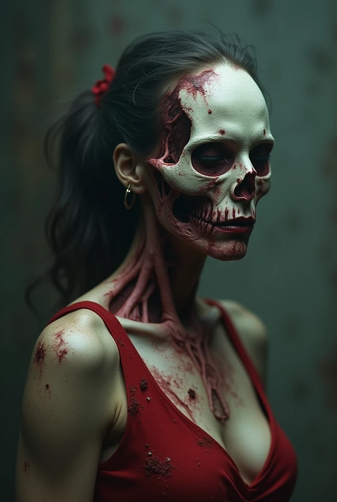 a woman with a horrifying face, extremely ugly and distorted features, sunken eyes, gaping mouth, rotting skin, a skeletal body, unhealthy and uncomfortable appearance, in a dark, unsettling horror atmosphere, highly detailed, photorealistic, 8k, best quality