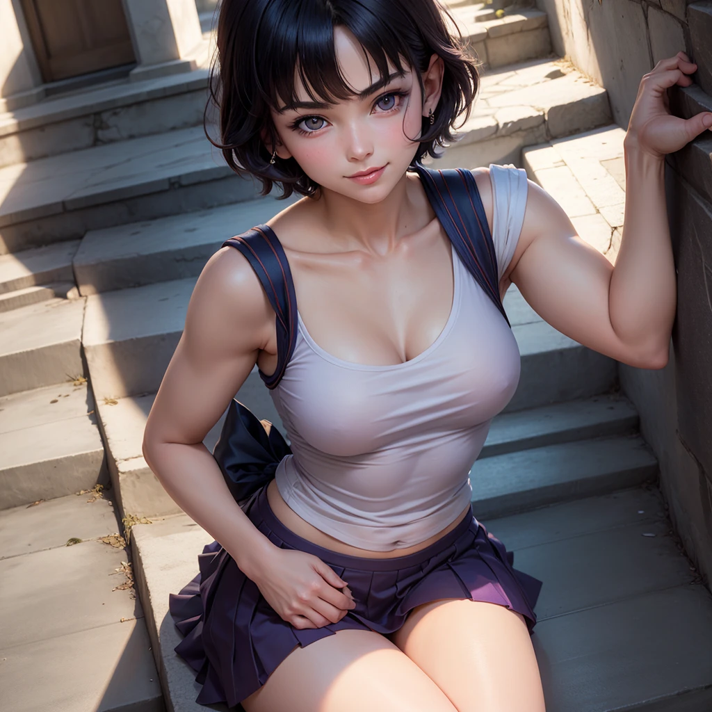 1girl, solo, white polo shirt, white sneakers, tennis wear, white miniskirt, masterpiece, best quality, realistic, hyper-detailed, (shiny skin, sweaty:1.4), absurd, looking at viewer, short black hair, brown eyes, slender, dynamic lighting, high resolution, sharp focus, depth of field, detailed eyes, sharp pupils, realistic pupils, (small breasts:1.6), (thick thighs:1.0), outdoor, sky
